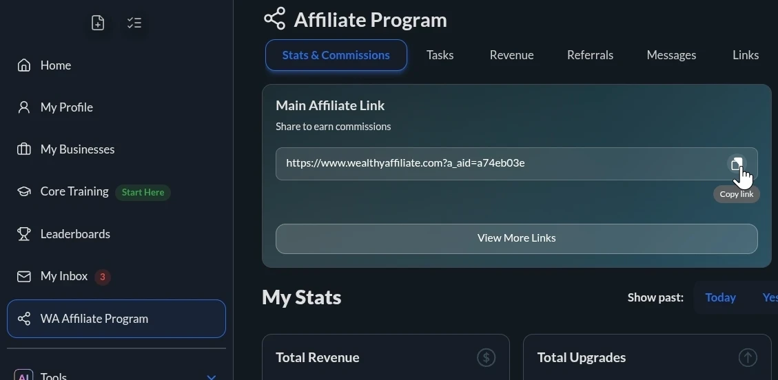 Screenshot of Wealthy Affiliate affiliate program main affiliate link