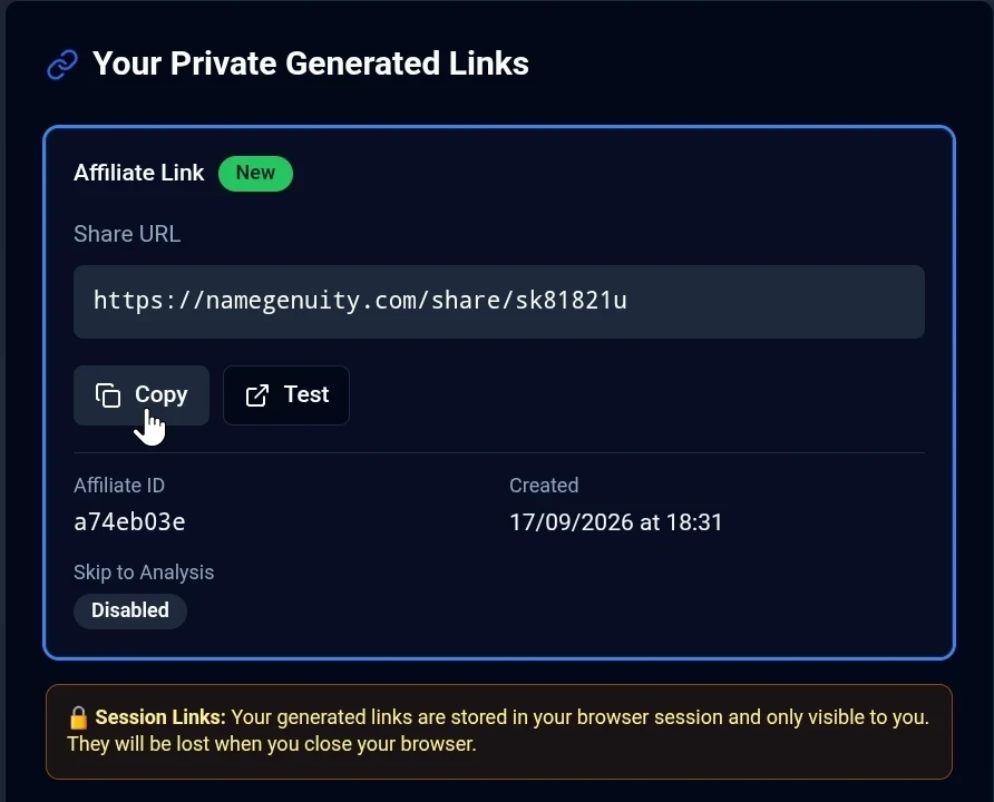 Screenshot of Namegenuitycom affiliate link screen showing generated link