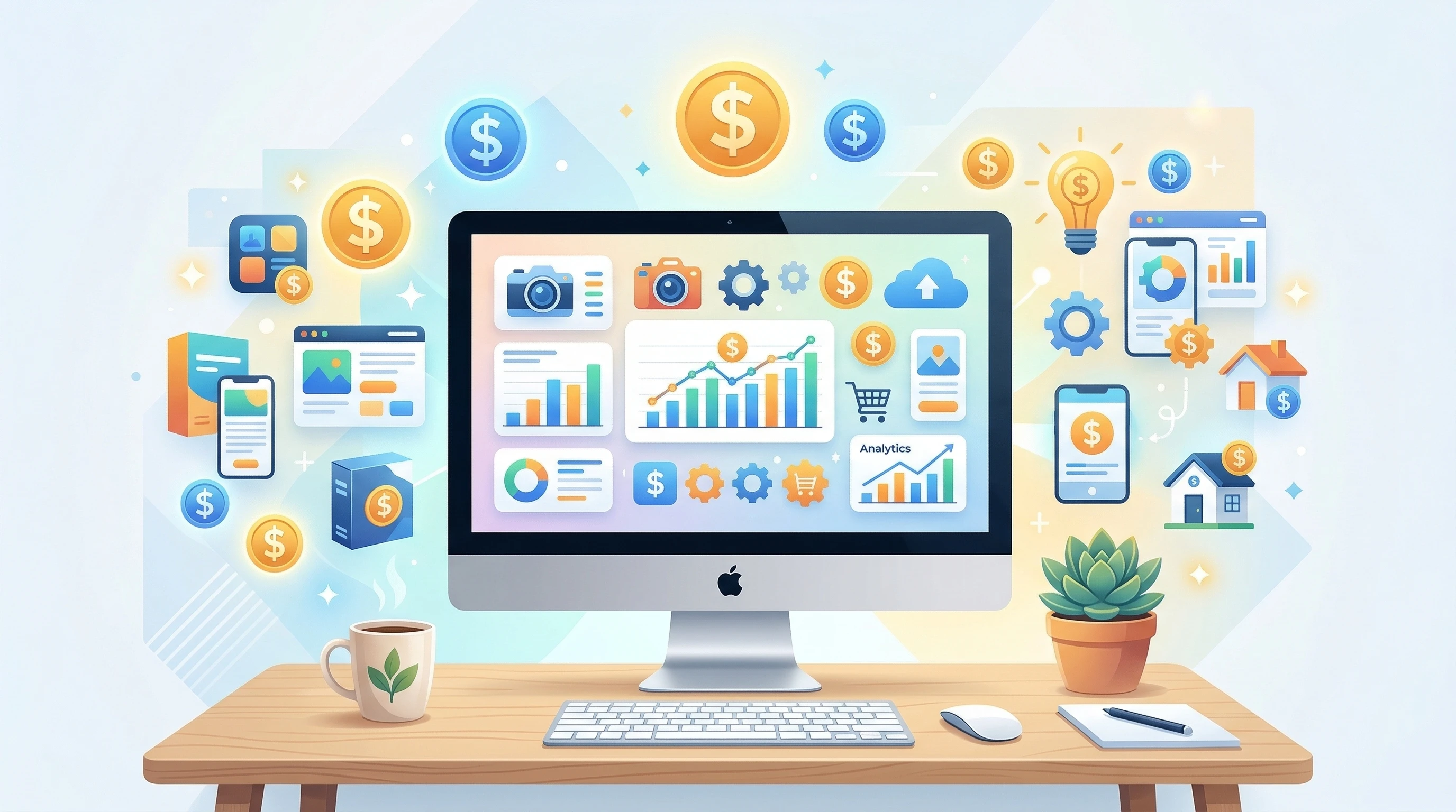 Colorful icons representing multiple online money-making methods, such as a computer, a dollar sign, and digital products