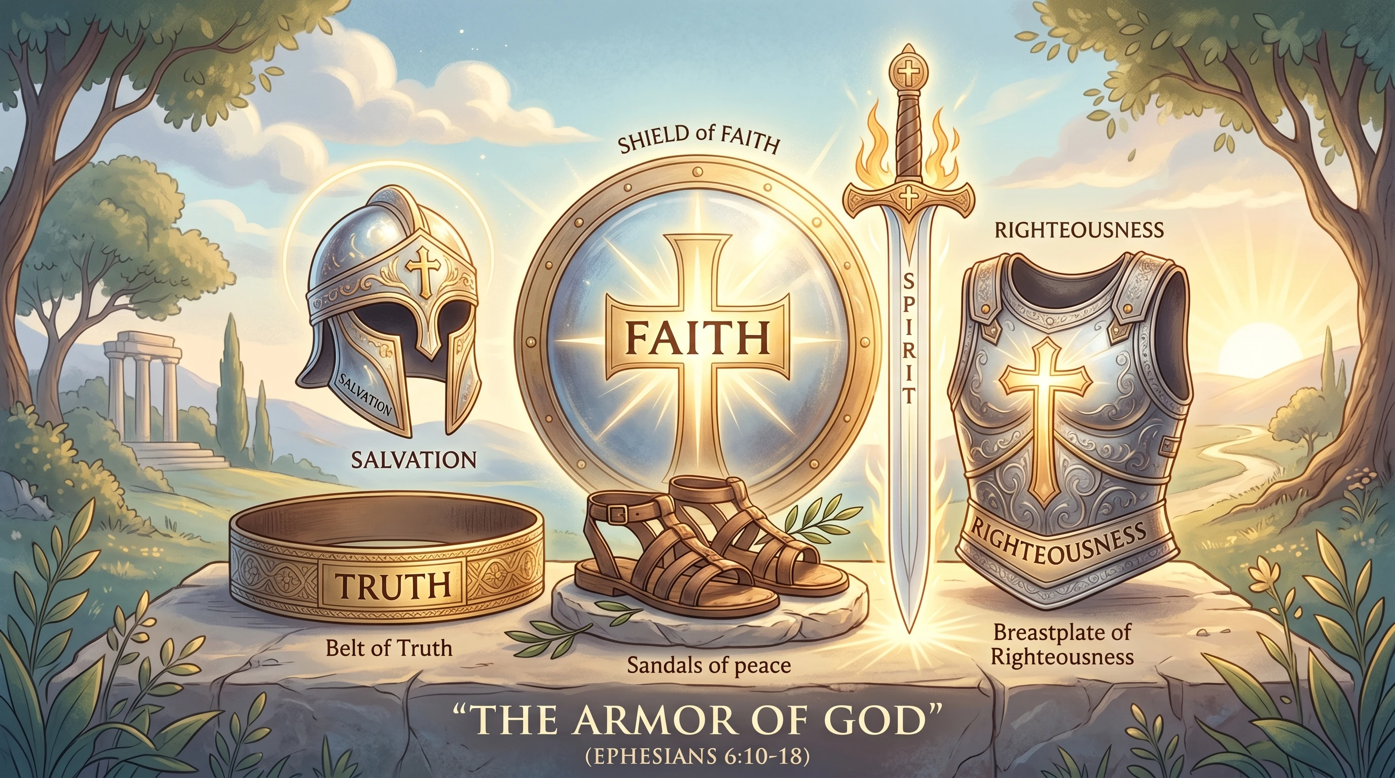 Illustration of the Armor of God components: helmet, breastplate, shield, sword, belt, and sandals, arranged in a simple, symbolic style.