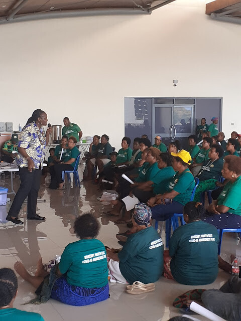 image of Ms Binta Abubakar accused of human trafficking (left) and MP John Kaupa and Ms Abubakar conducting SME training for MNE Women.