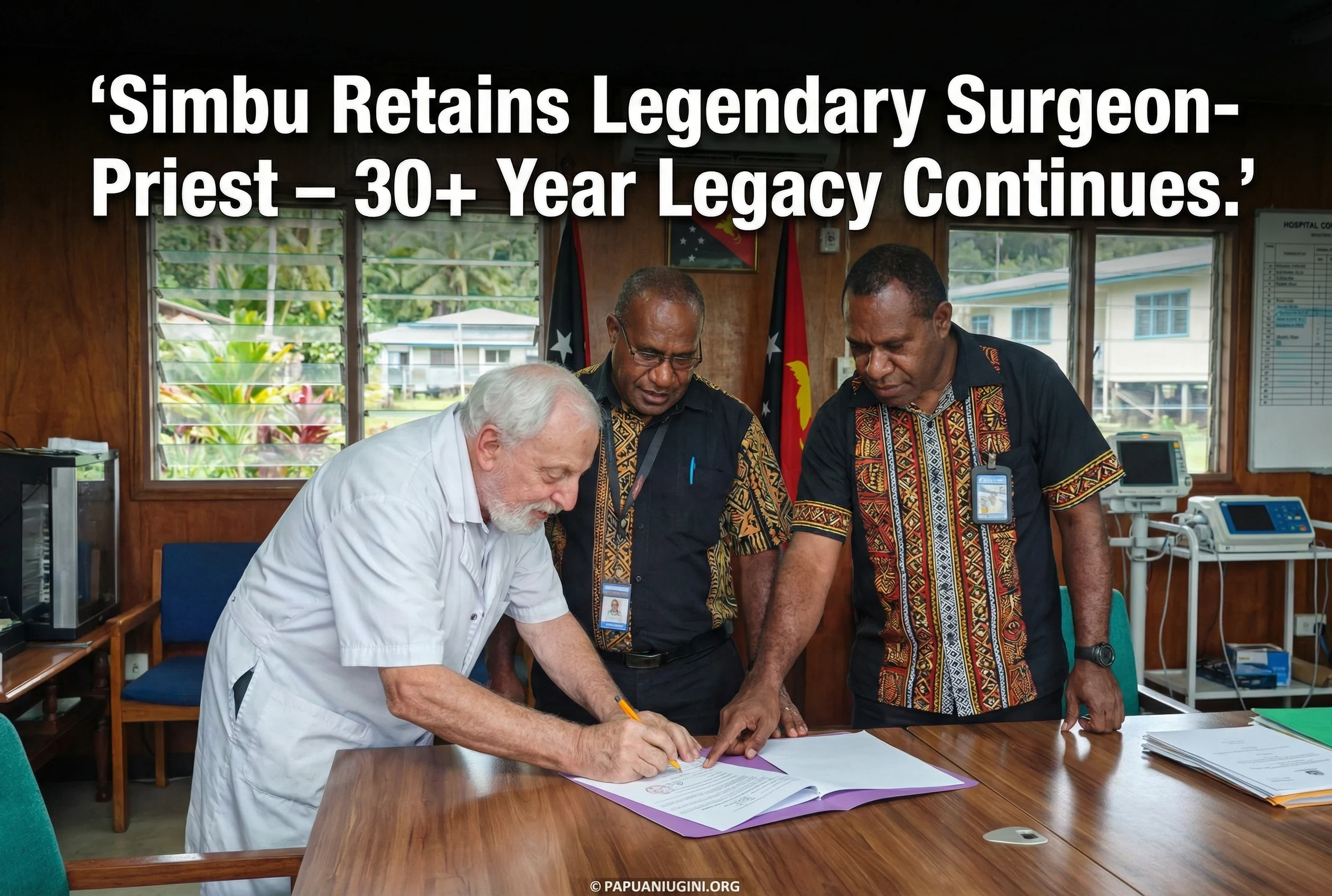 Dr. Father Jan Jaworski signing a specialist consultant contract with Simbu Provincial Health Authority, marking the continuation of his 30-year medical service legacy.