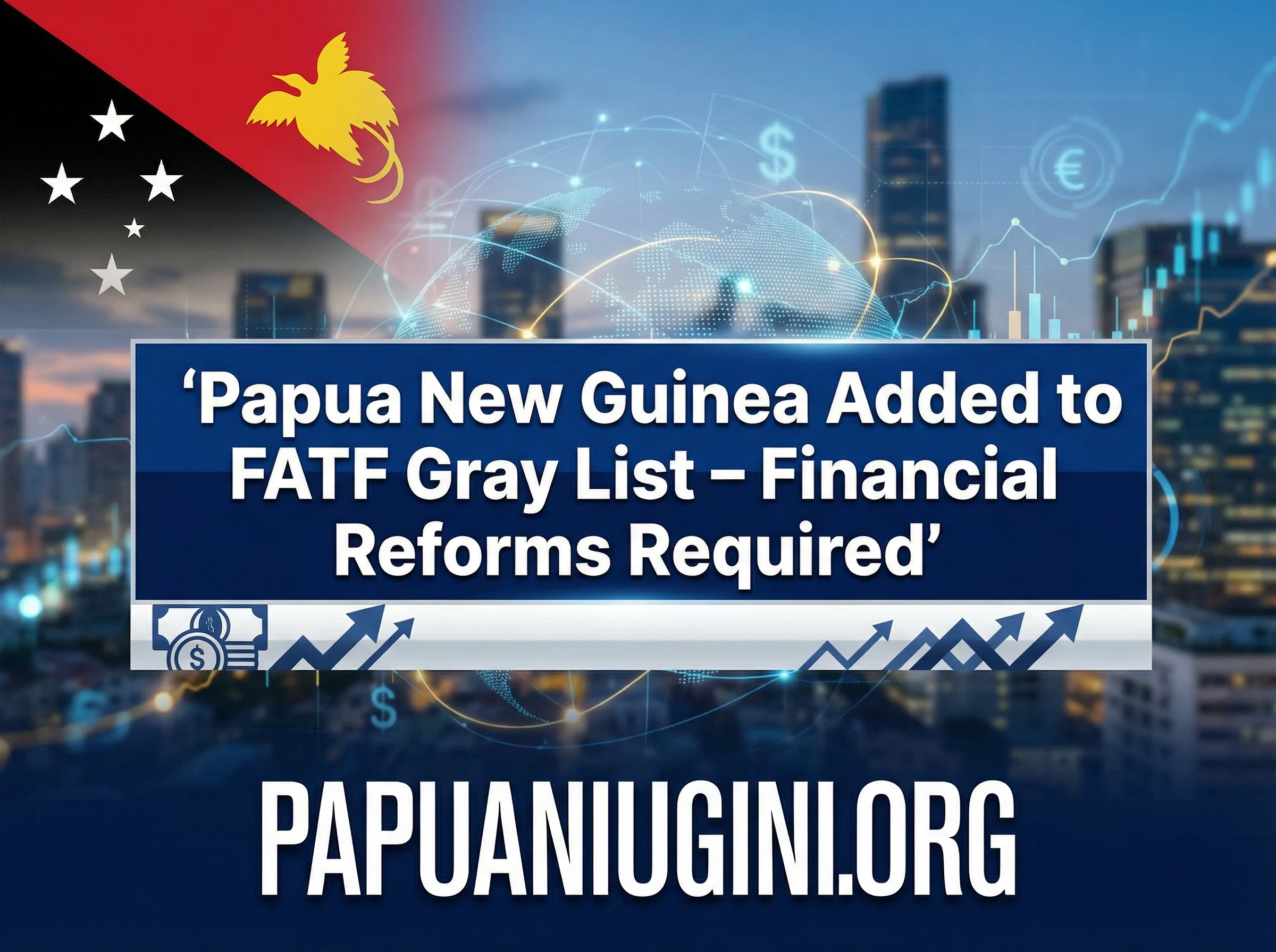 News headline graphic showing Papua New Guinea added to the FATF gray list highlighting financial reforms and anti-money laundering improvements.