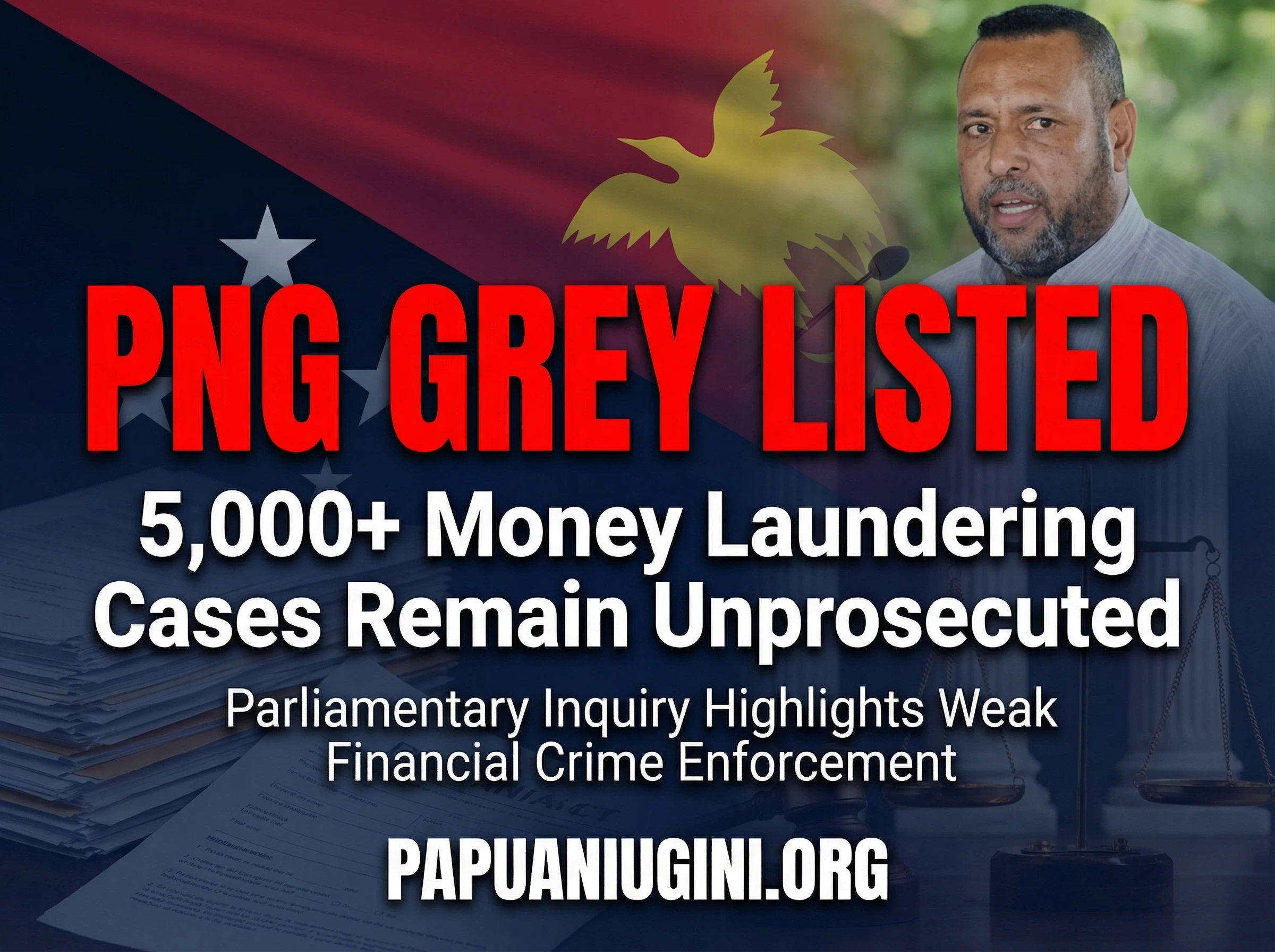 Breaking News headline graphic showing Papua New Guinea grey listing due to unprosecuted money laundering cases.