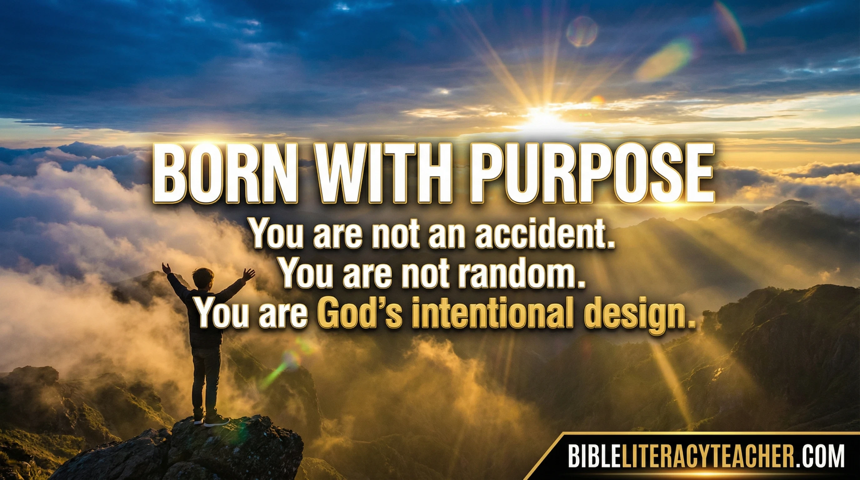 Youth standing on mountain at sunrise with bold text saying Born With Purpose and key identity statements.