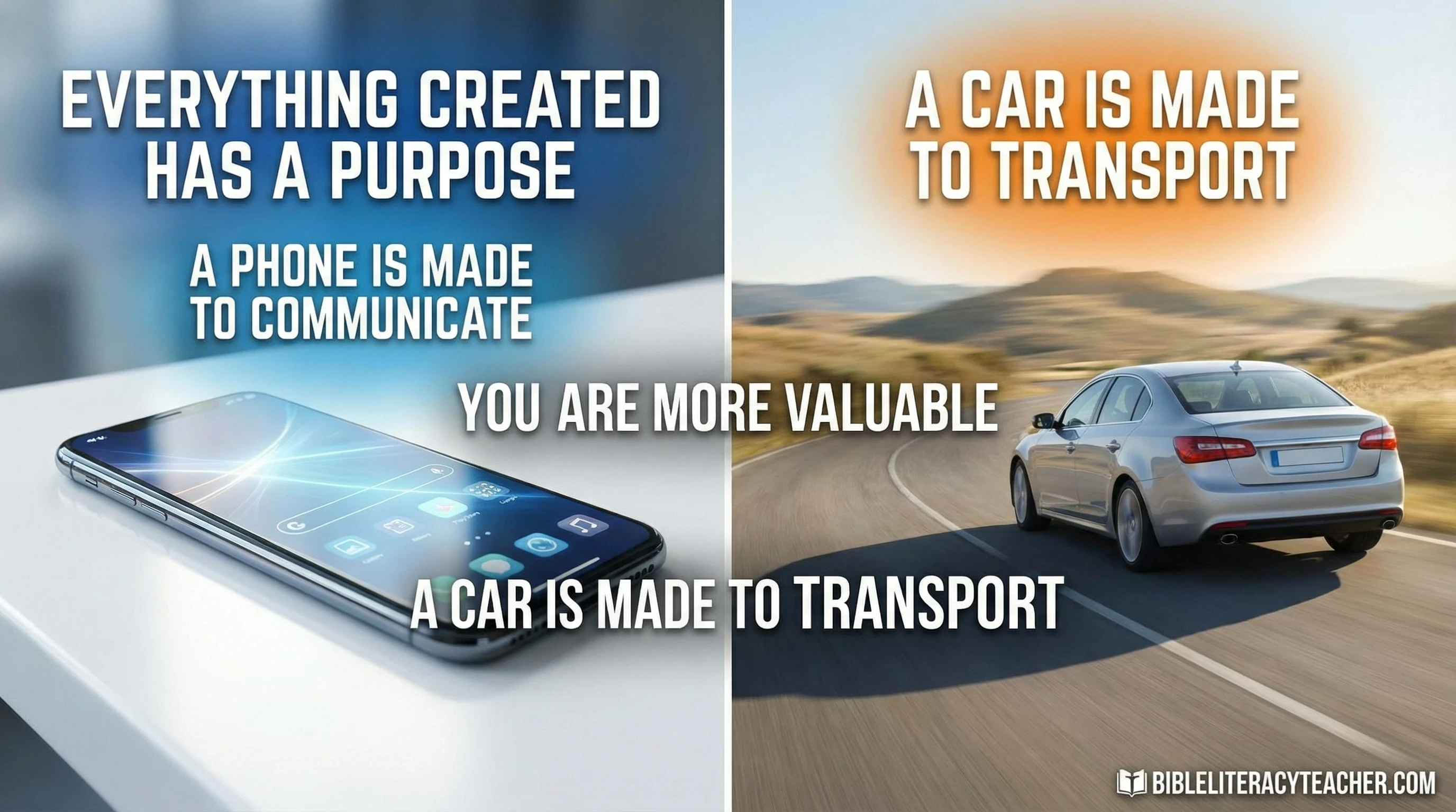 Phone and car side by side with message that everything created has a purpose.