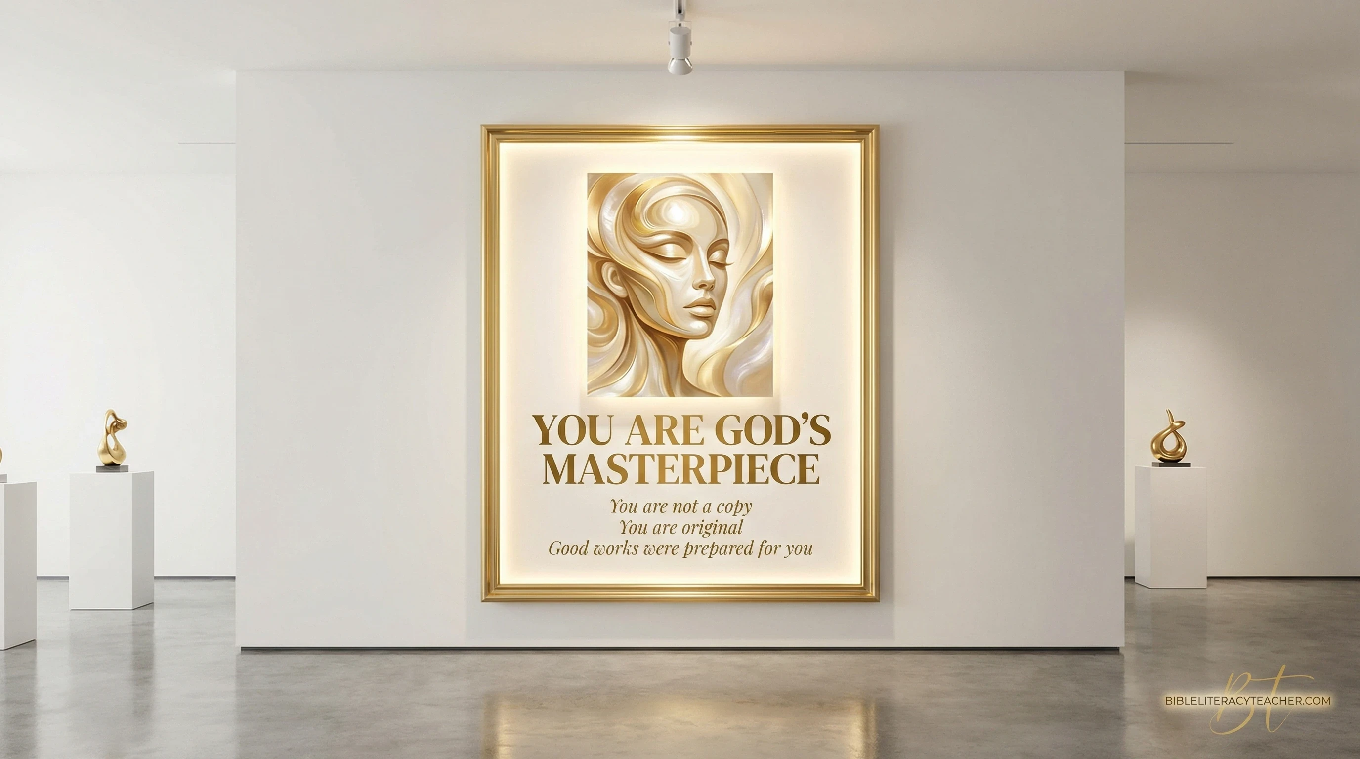 Art gallery with glowing portrait and text saying You are God’s masterpiece.