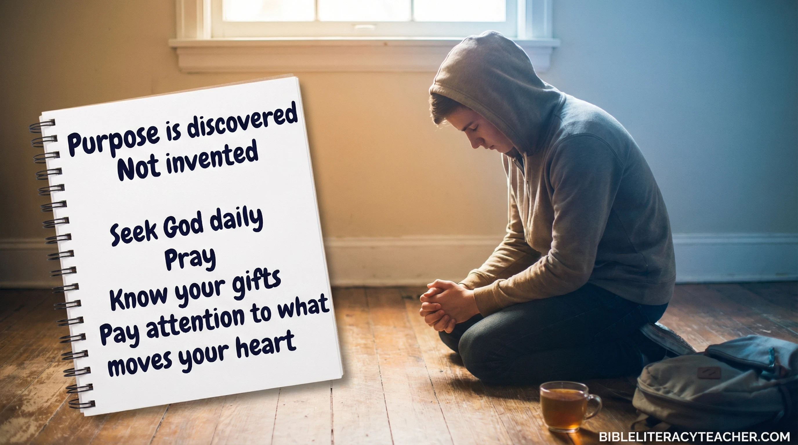 Young person praying with notebook and text explaining purpose is discovered through seeking God.