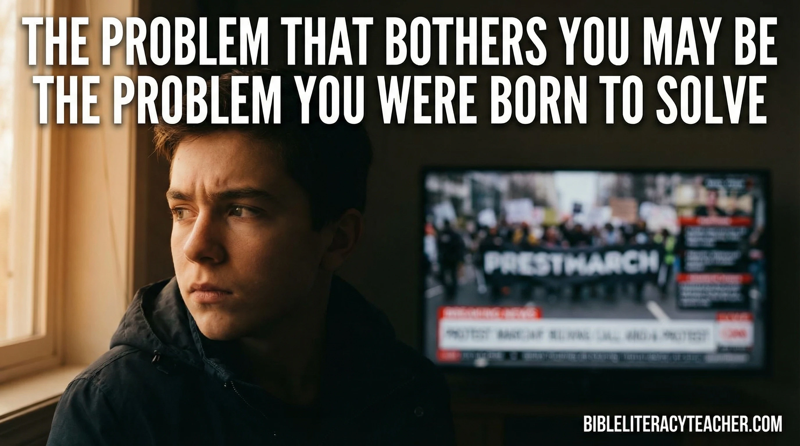 Young person looking concerned with text about being born to solve problems.