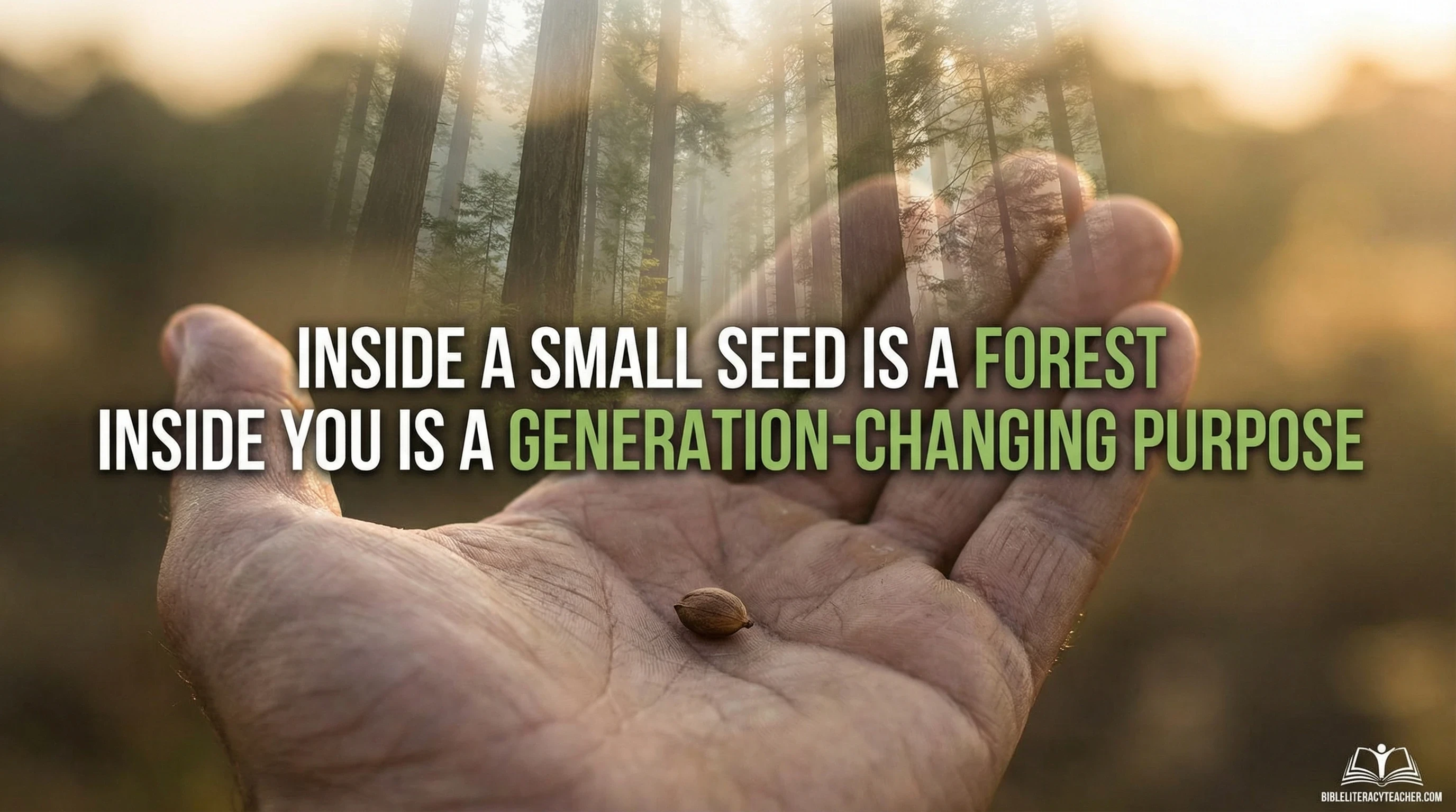 Small seed in hand with faint forest image symbolizing hidden potential.