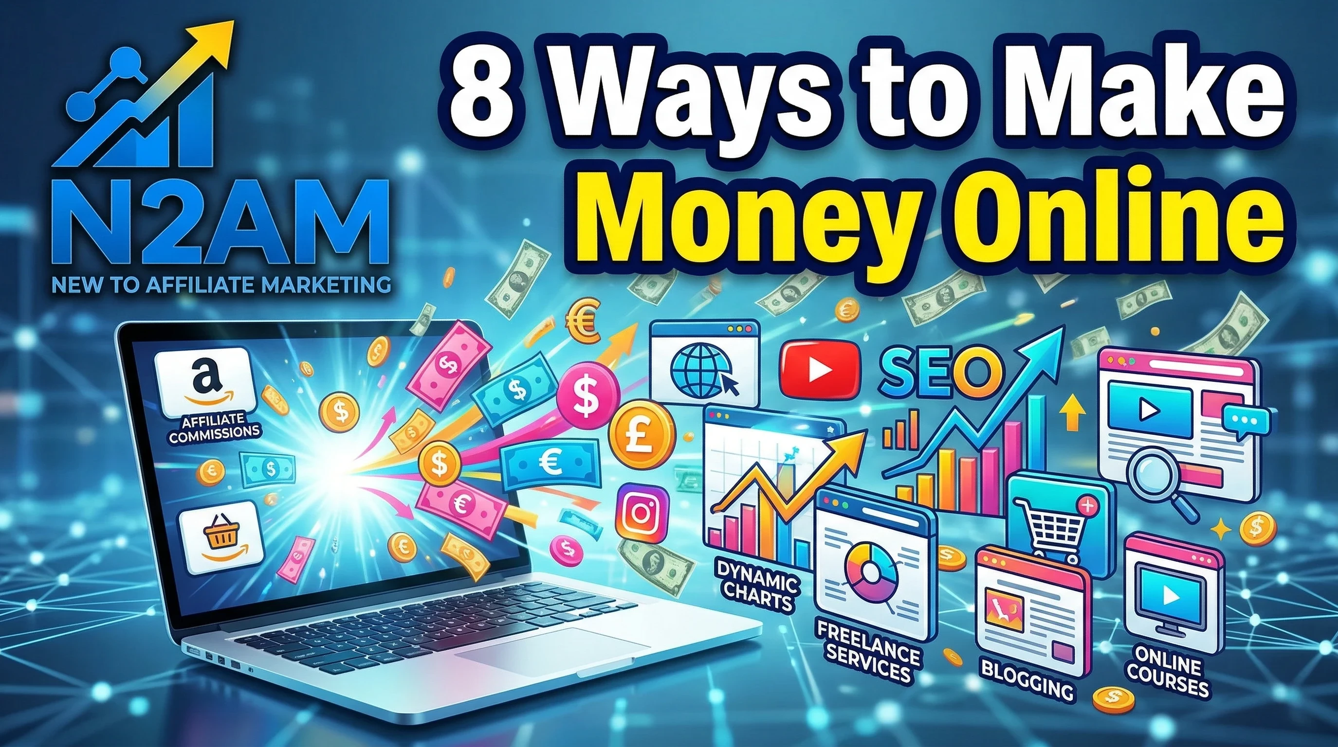 YouTube thumbnail showing 8 ways to make money online with affiliate marketing and digital business tools.