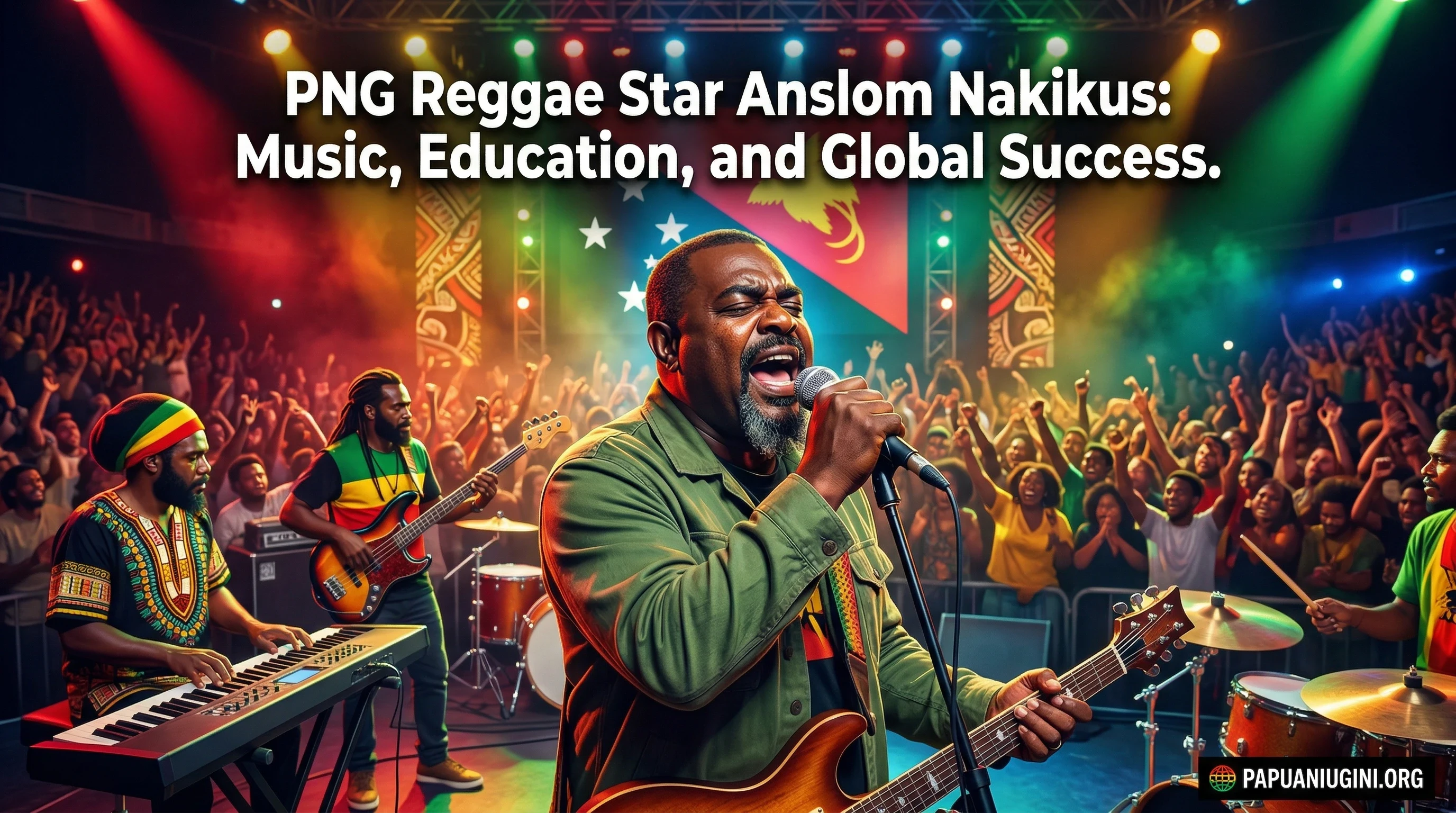 Anslom Nakikus performing reggae music while representing Papua New Guinea culture on the international stage.