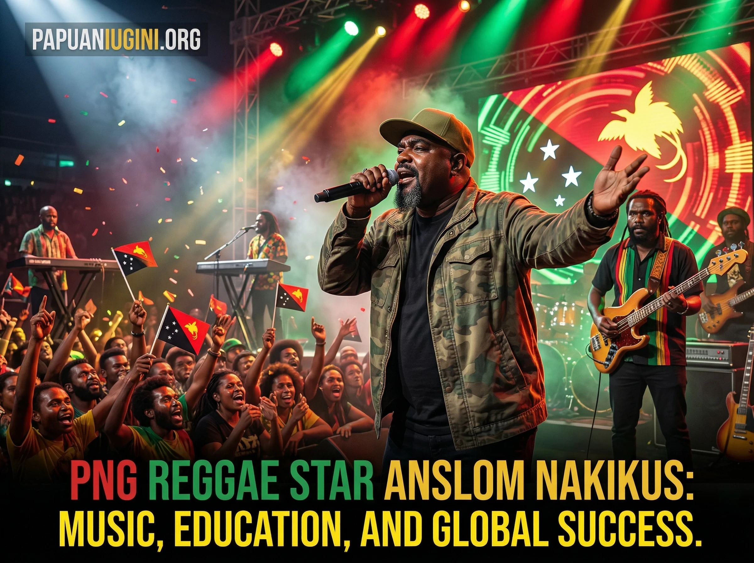 Anslom Nakikus performing reggae music while representing Papua New Guinea culture on the international stage.
