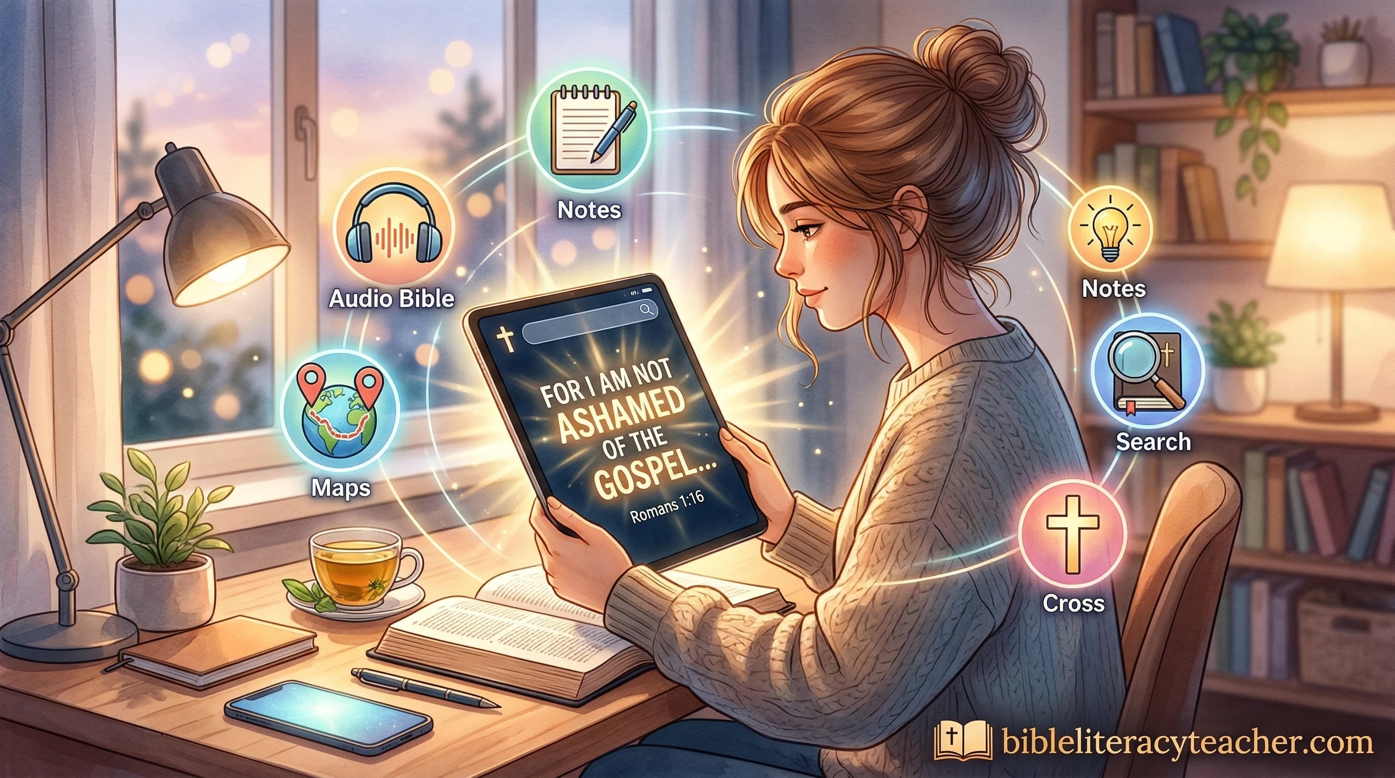 Person using tablet for Bible study with digital tools and apps illustrating technology for studying Scripture.