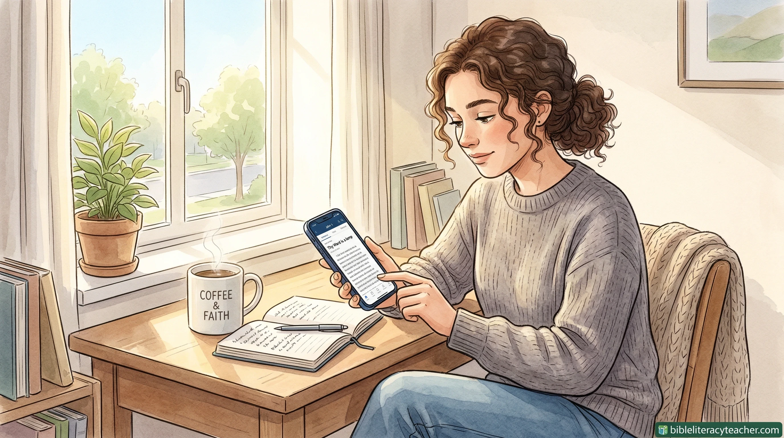 Person studying the Bible using smartphone technology during morning devotional time.