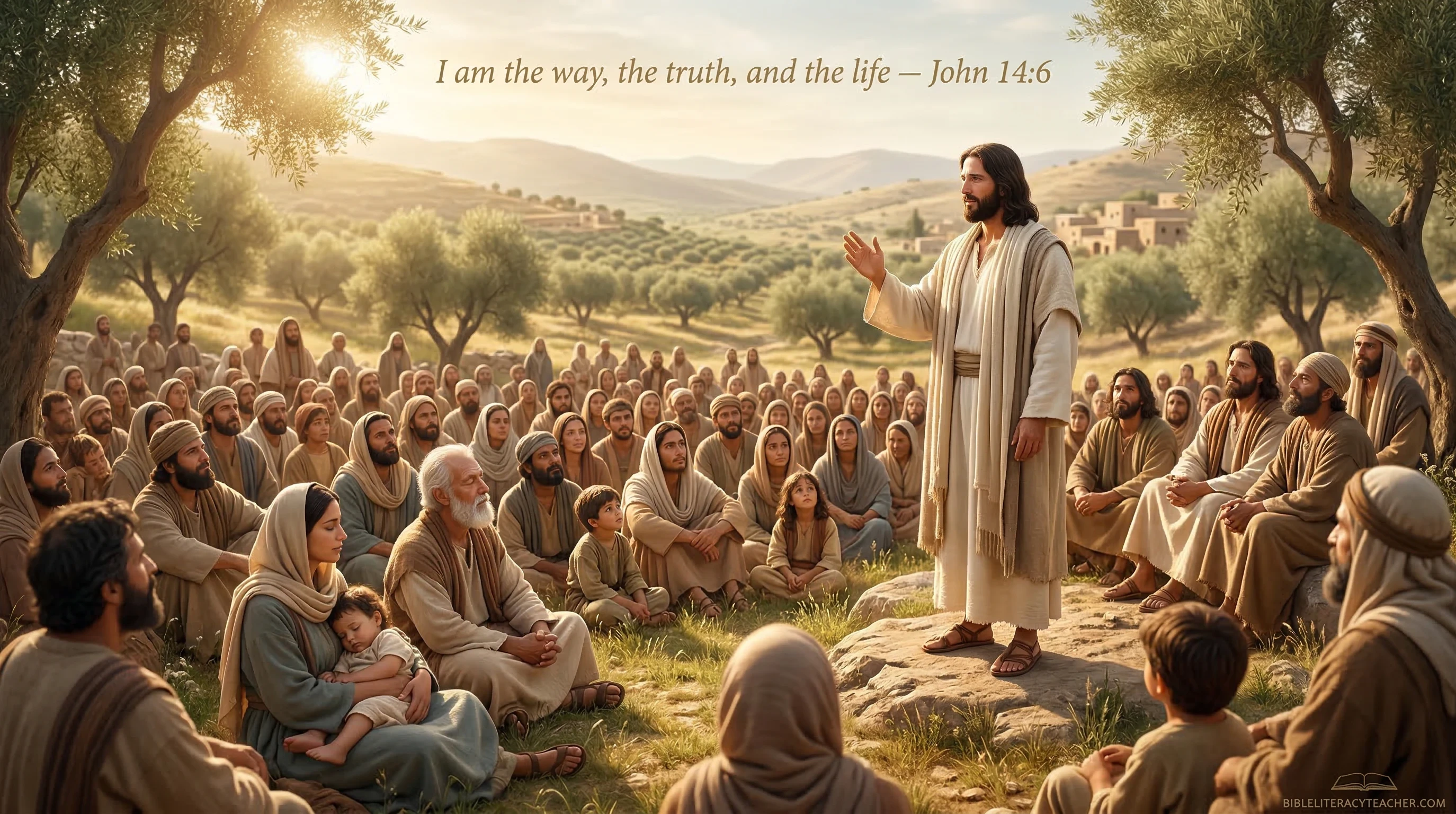 Jesus teaching a large crowd on a hillside in ancient Judea with the Bible verse John 14:6 about being the way the truth and the life