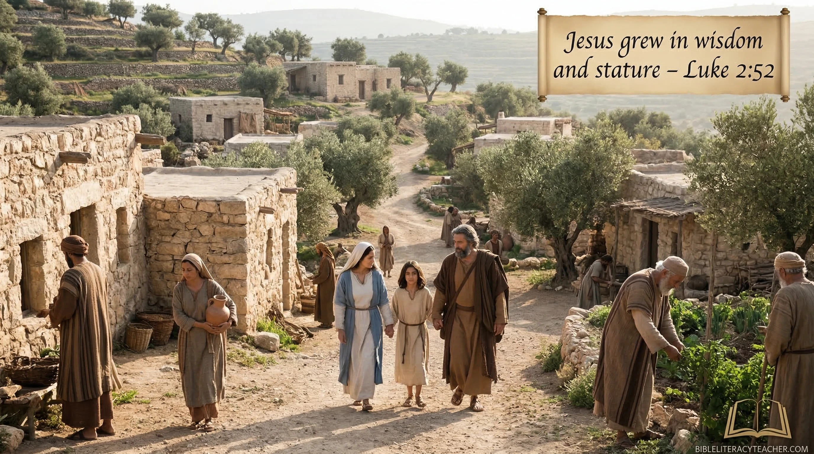Young Jesus walking with Mary and Joseph in the village of Nazareth with Luke 2:52 about Jesus growing in wisdom and stature