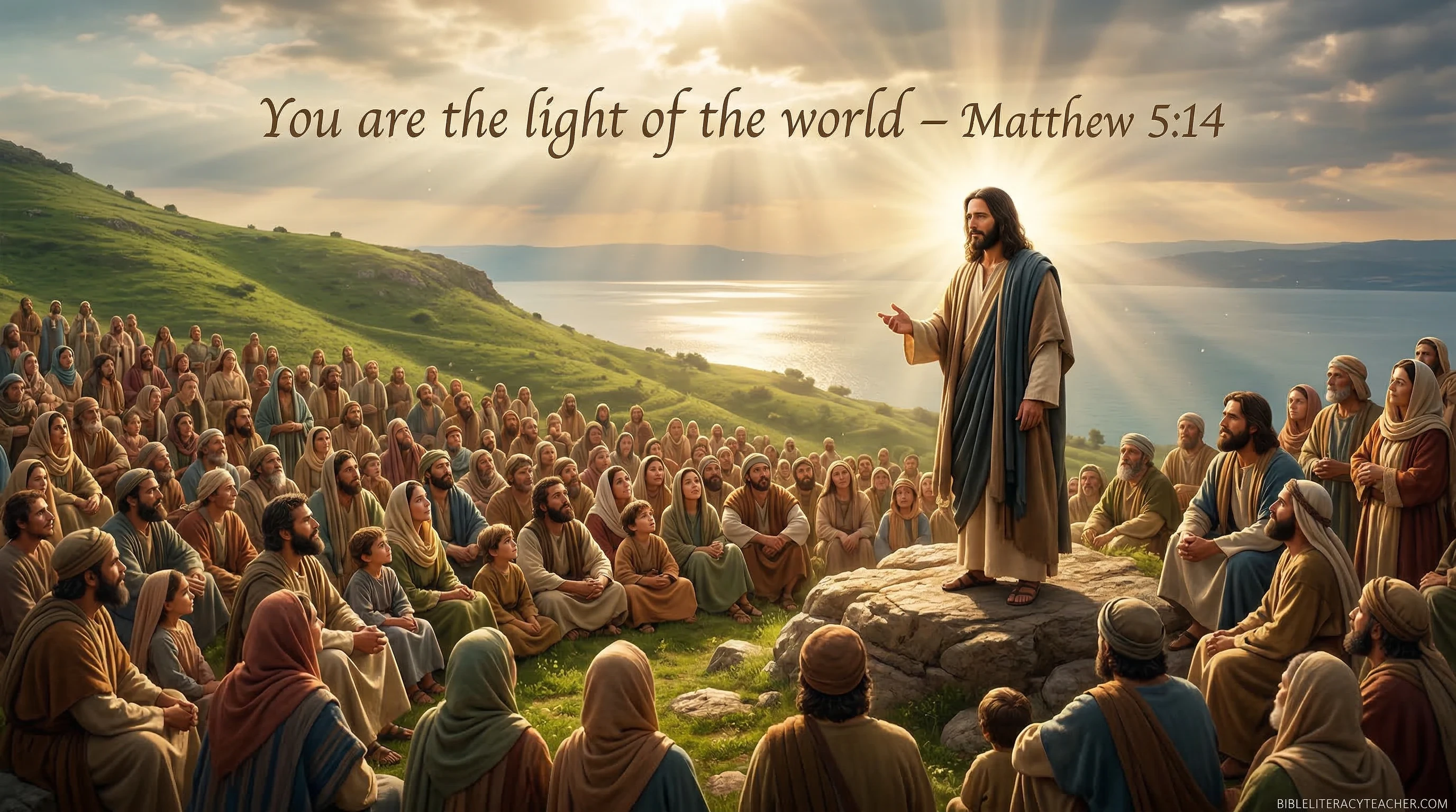 Jesus preaching the Sermon on the Mount with the Bible verse Matthew 5:14 you are the light of the world