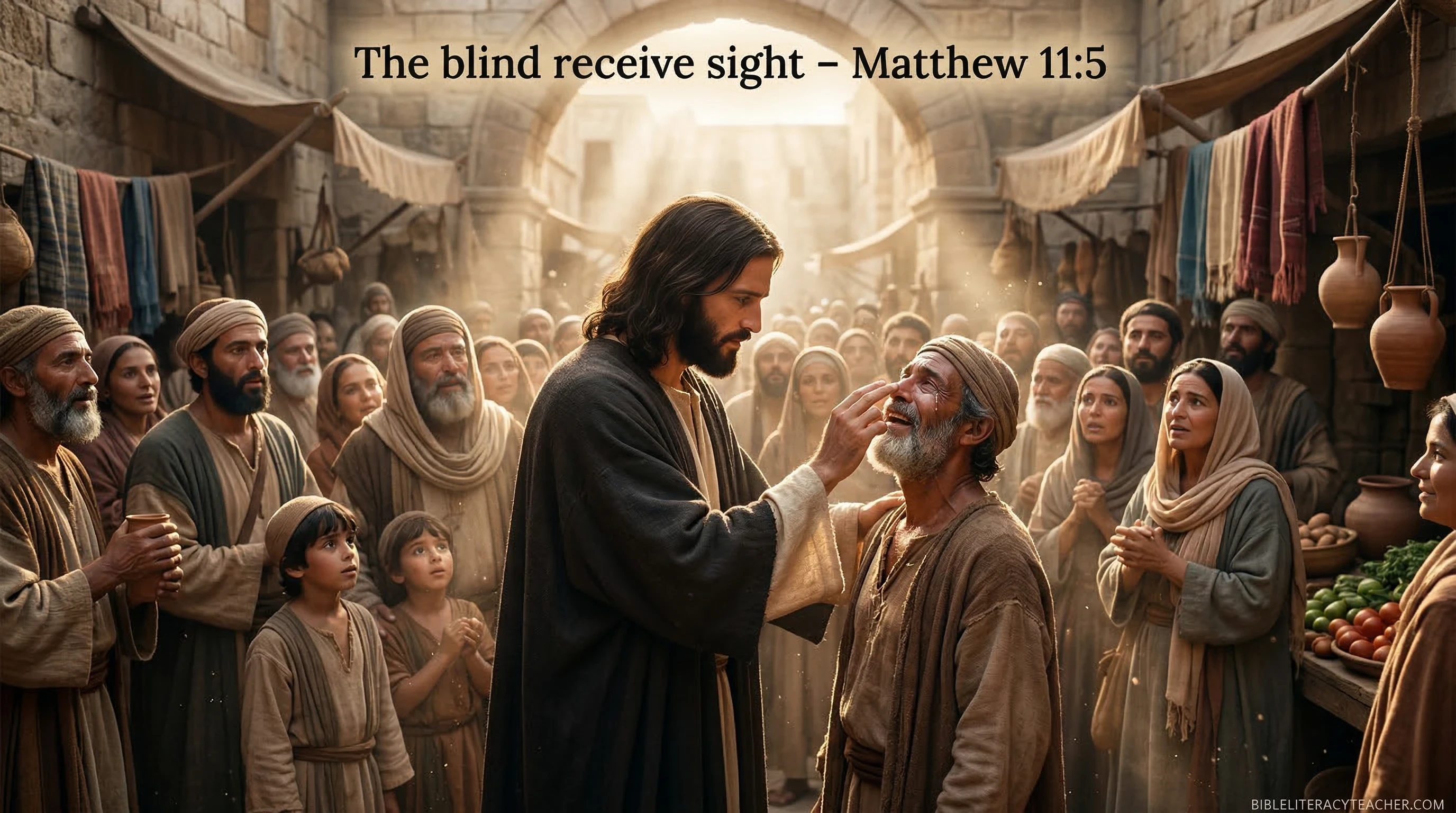 Jesus healing a blind man in Jerusalem marketplace showing the miracle with Matthew 11:5 the blind receive sight