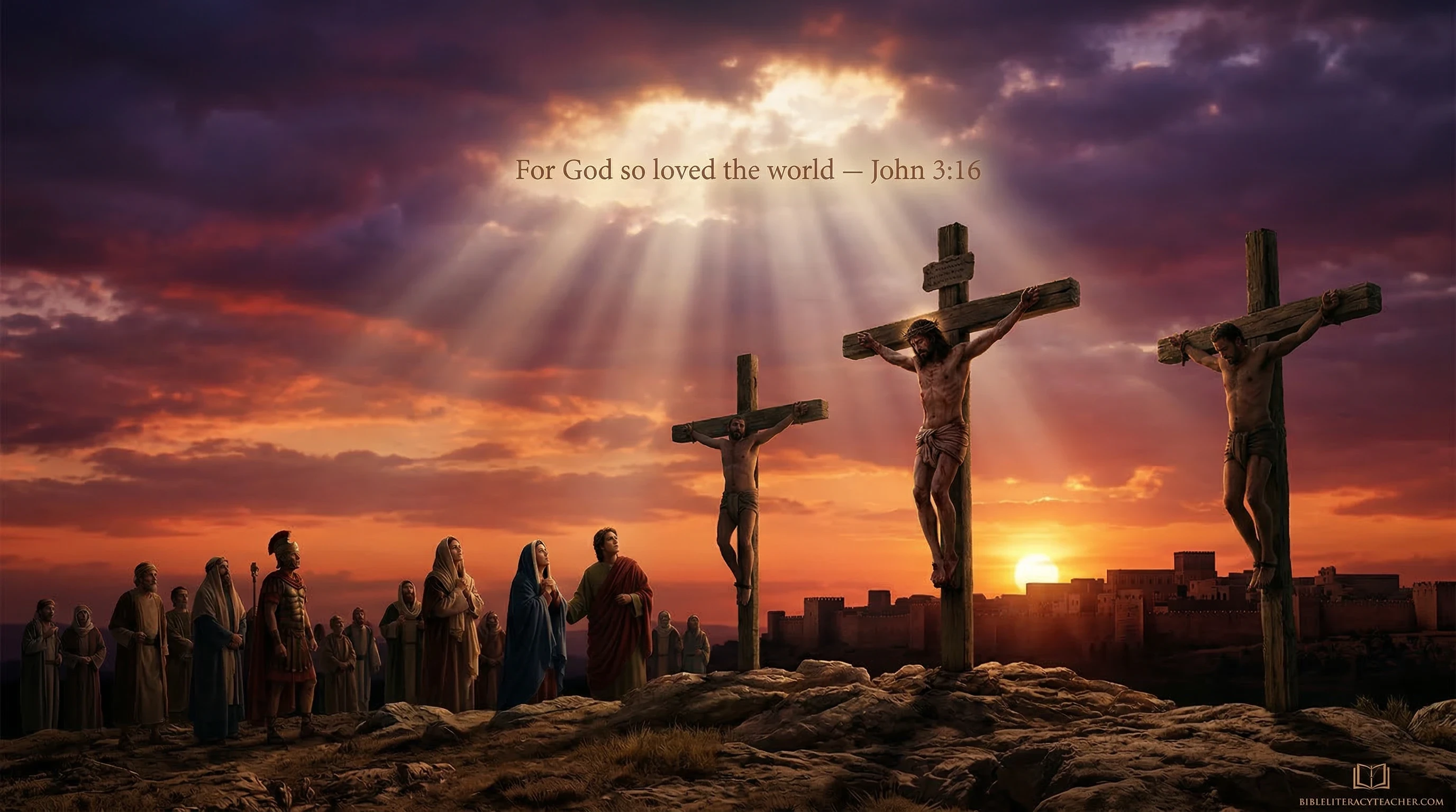 Crucifixion of Jesus on the hill of Golgotha with John 3:16 about God's love for the world