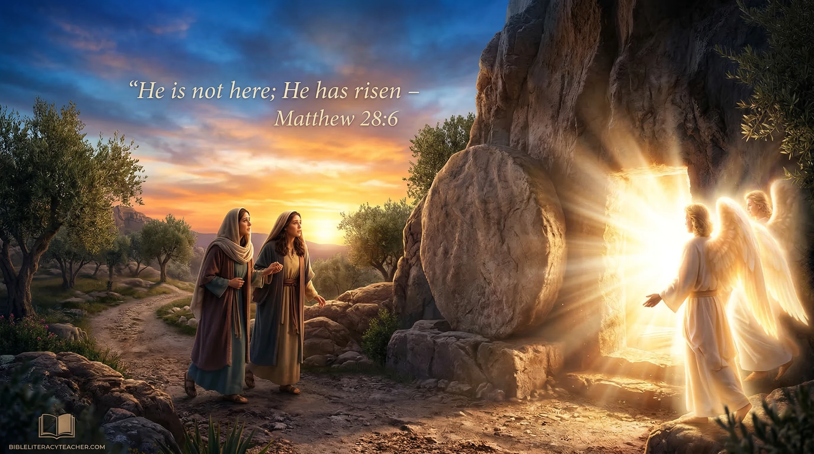 The empty tomb of Jesus at sunrise with Matthew 28:6 declaring He is risen