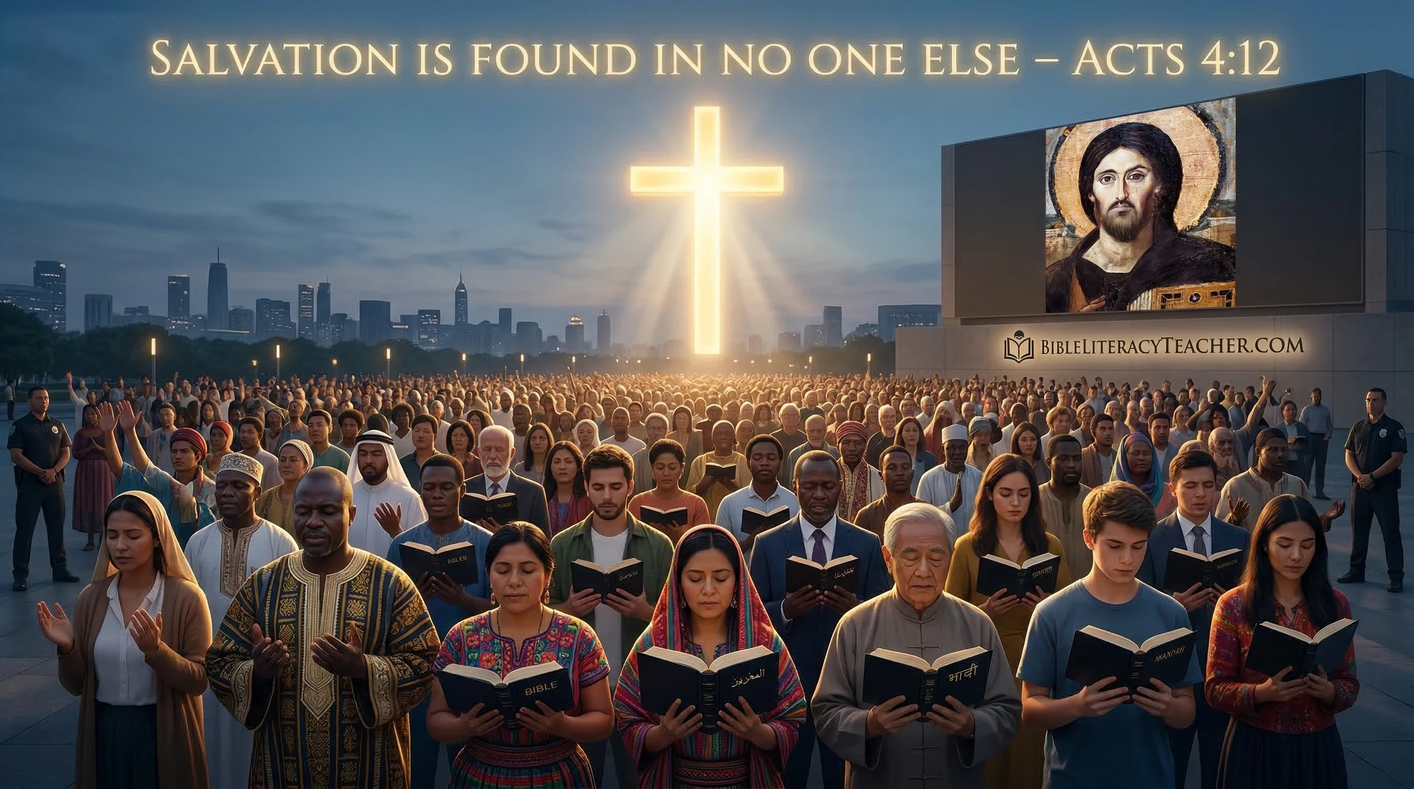 People from many nations worshiping Jesus together with Acts 4:12 about salvation in Christ