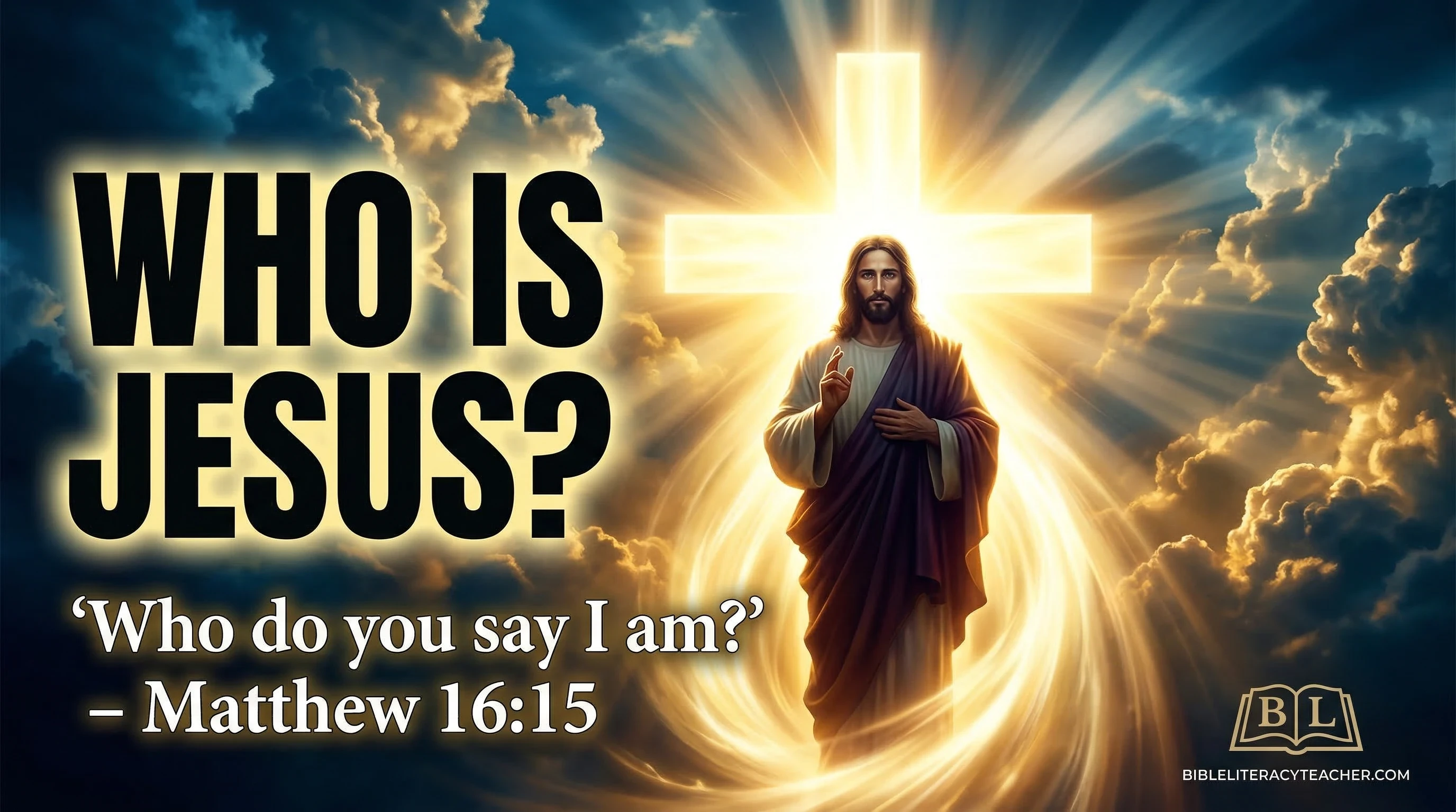 Powerful image of Jesus with glowing cross and Matthew 16:15 asking who do you say I am