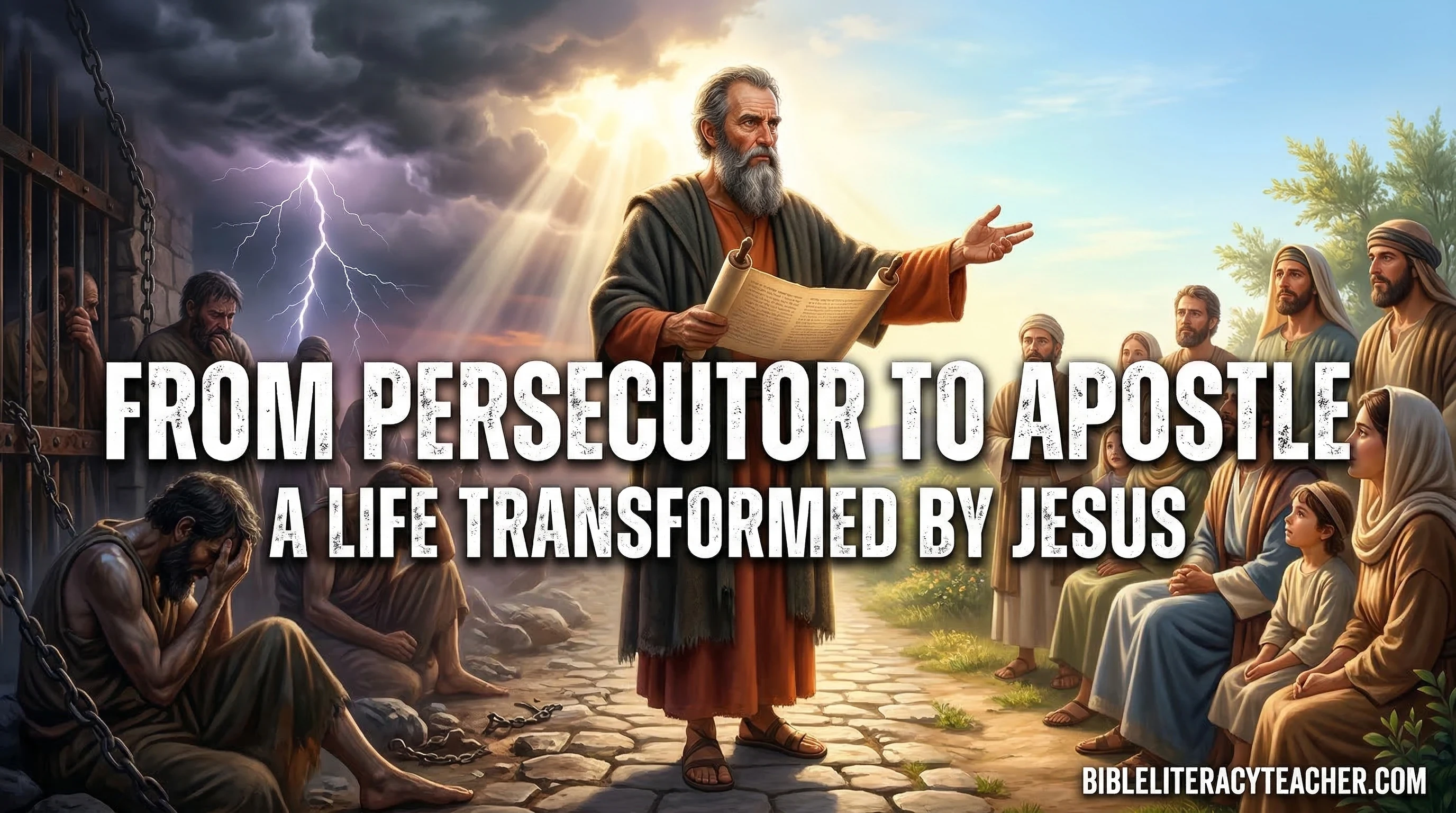 Saul persecuting early Christians with Roman soldiers showing his opposition to followers of Jesus