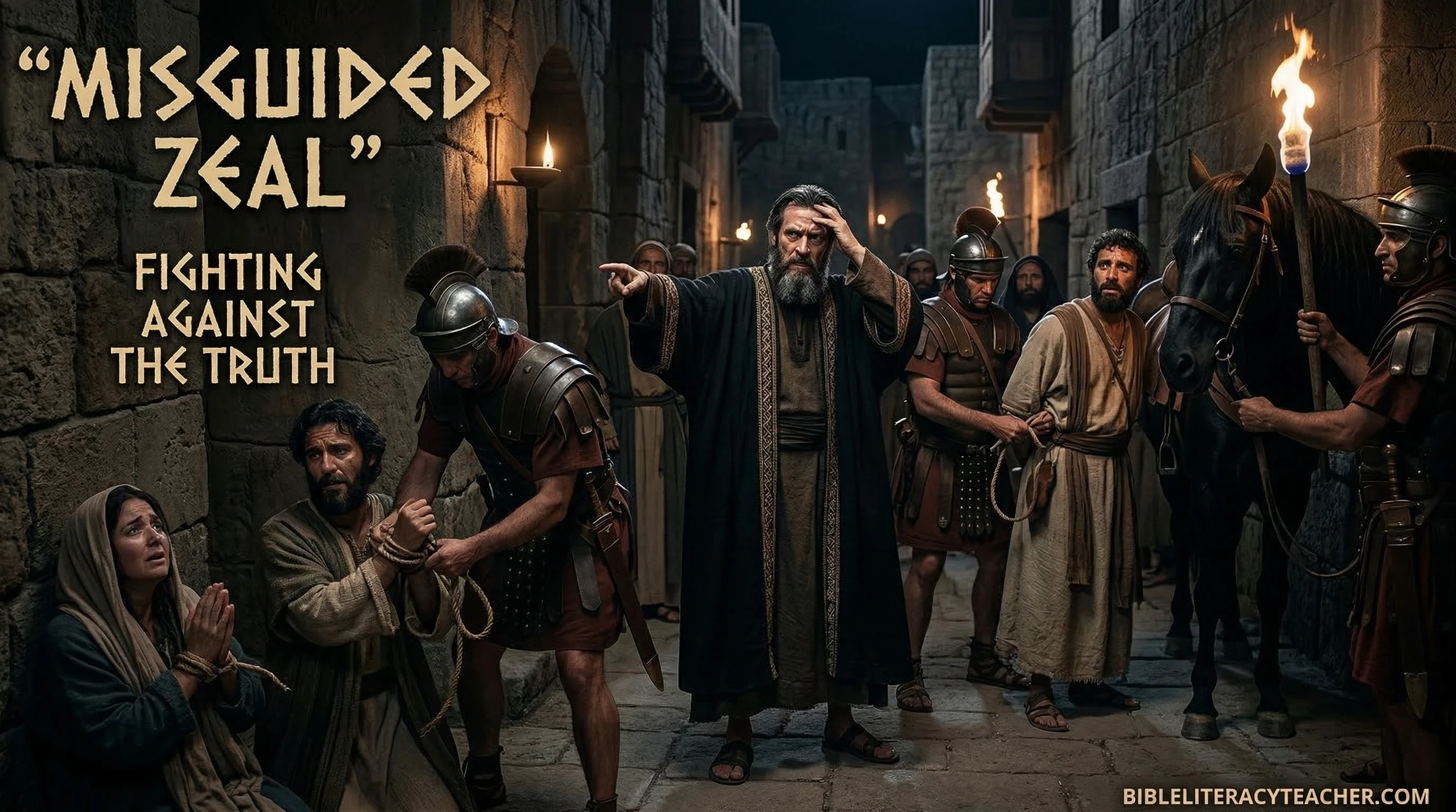 Saul persecuting early Christians with Roman soldiers showing his opposition to followers of Jesus