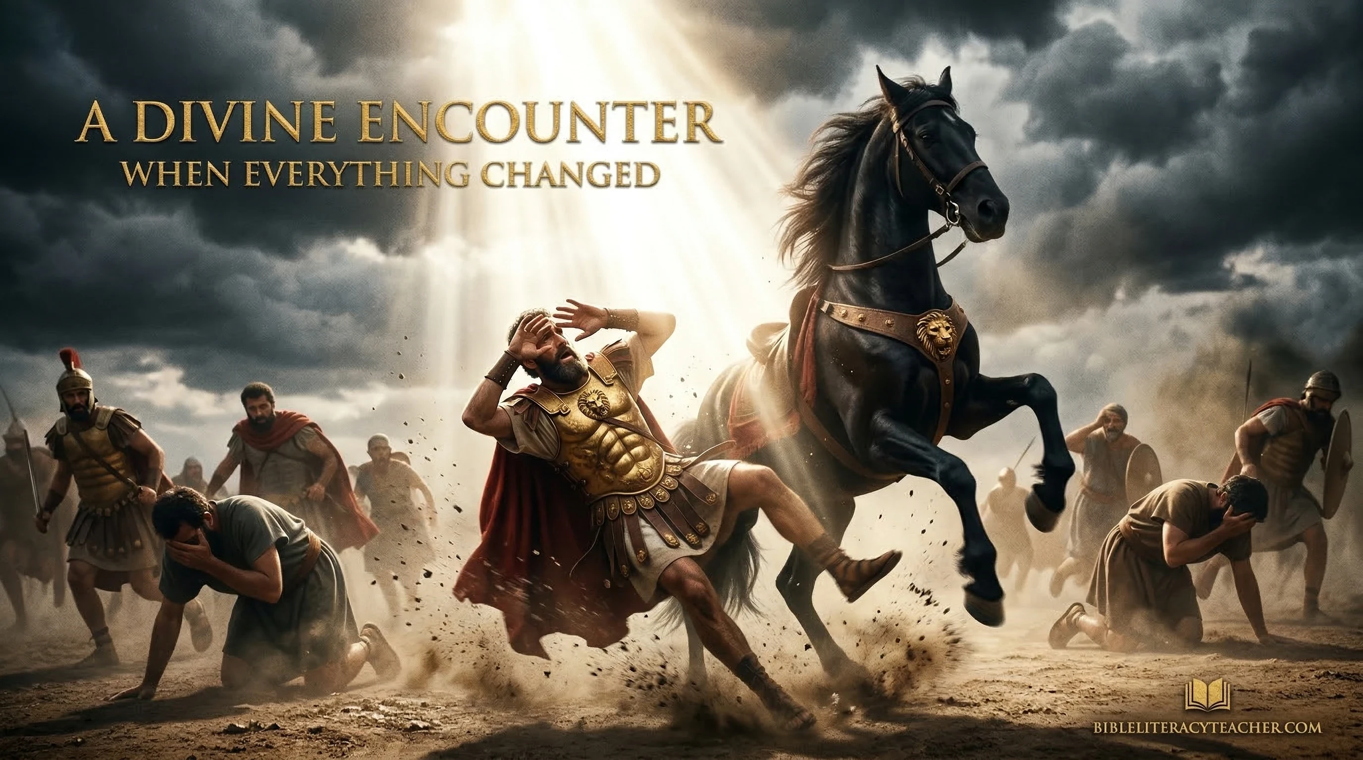 Saul conversion on the road to Damascus with bright divine light representing encounter with Jesus