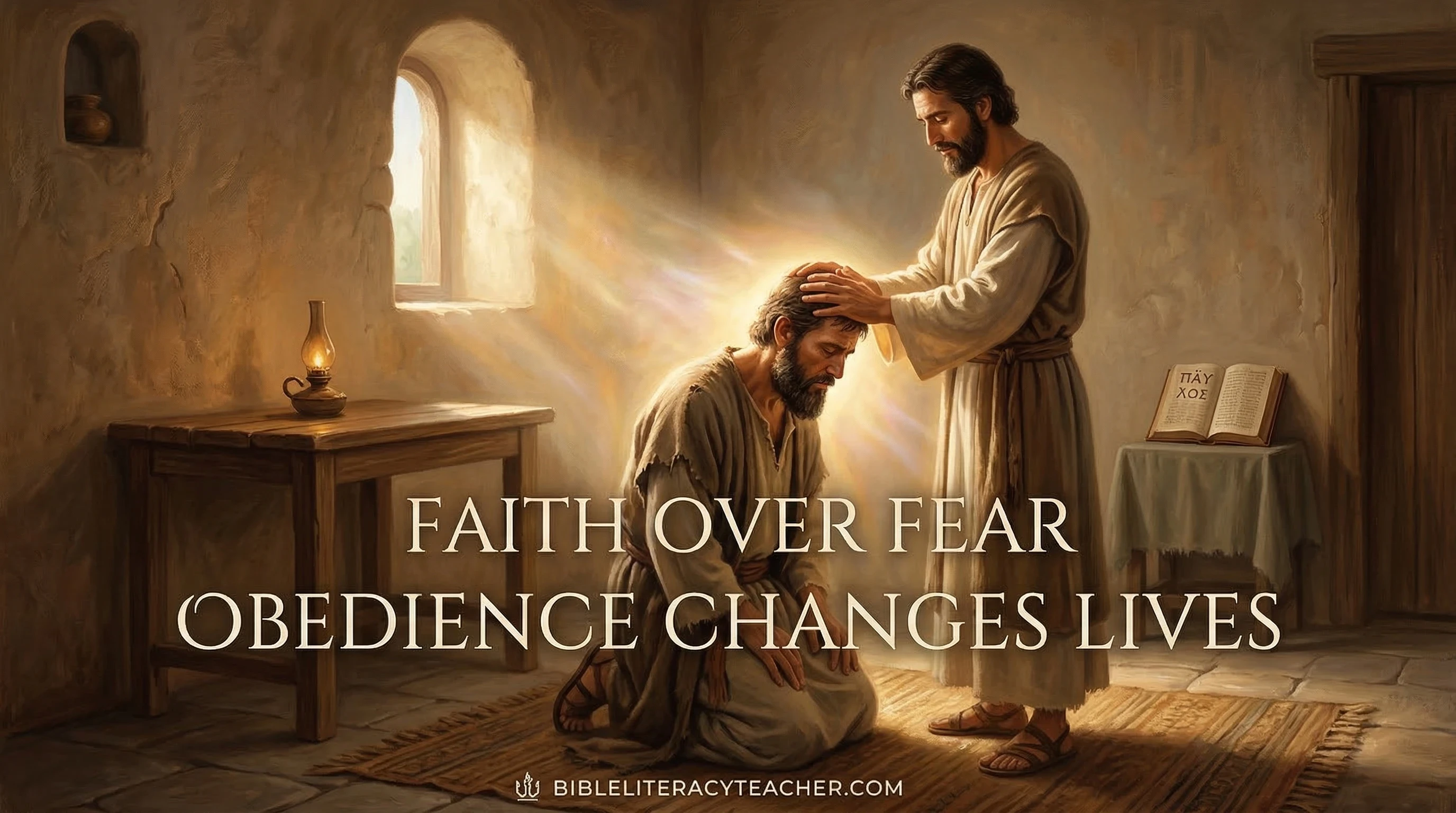 Ananias praying for Saul restoring his sight showing faith and obedience in Bible story