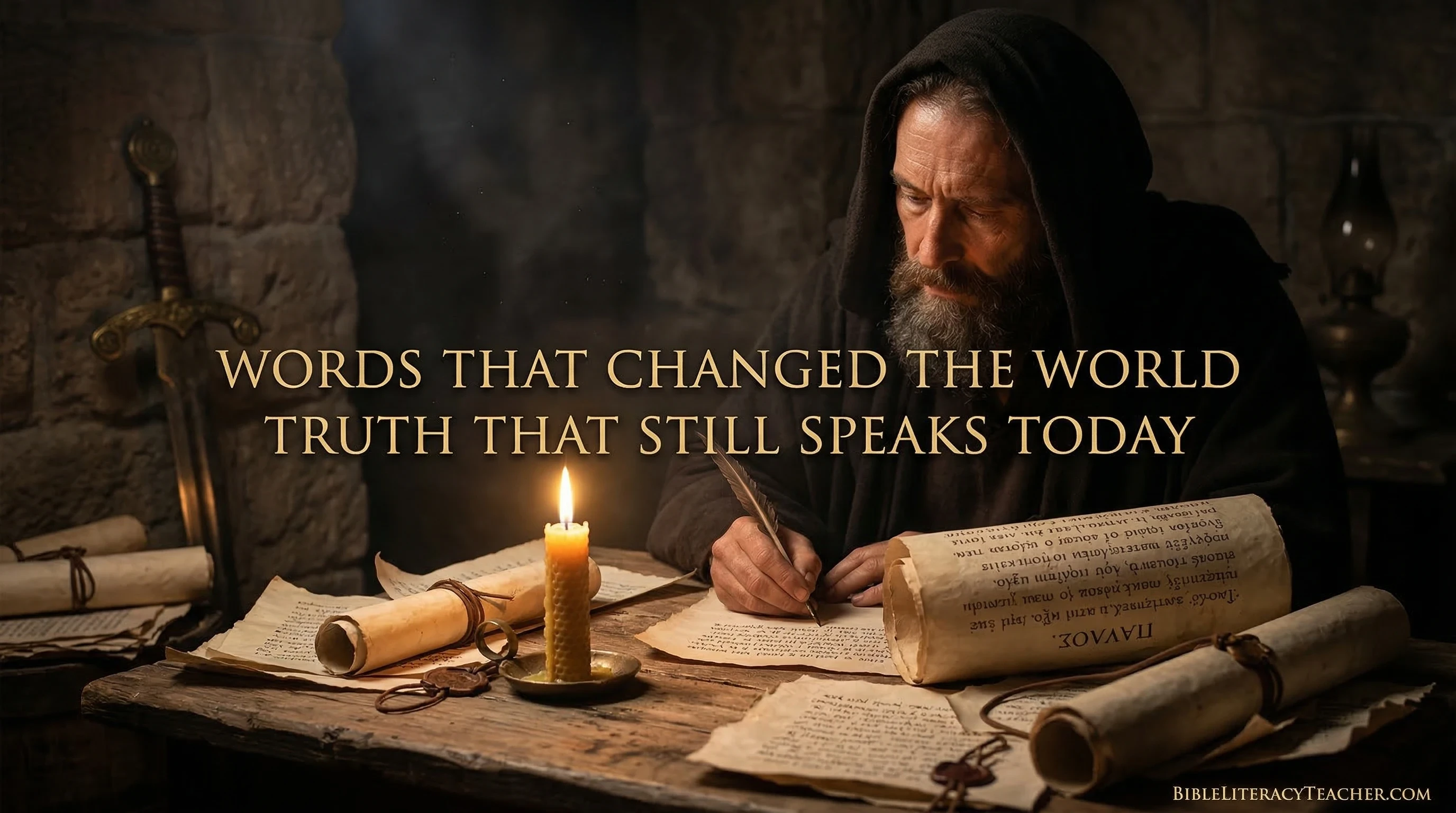 Apostle Paul writing epistles by candlelight representing teachings in the New Testament