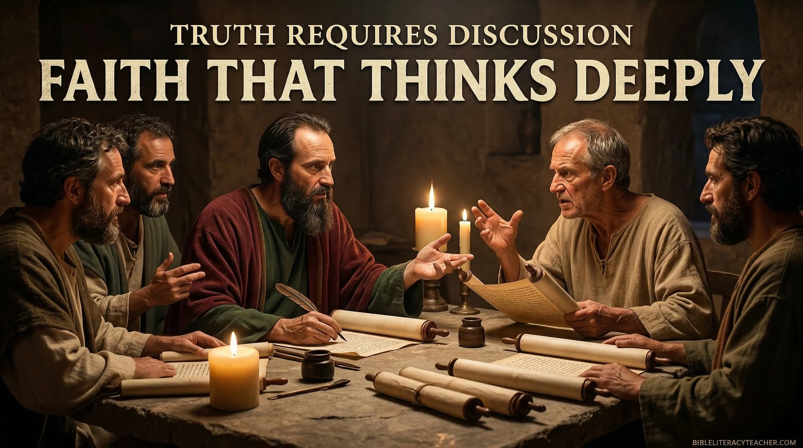 Early Christian leaders debating teachings of Paul showing theological discussions in early church