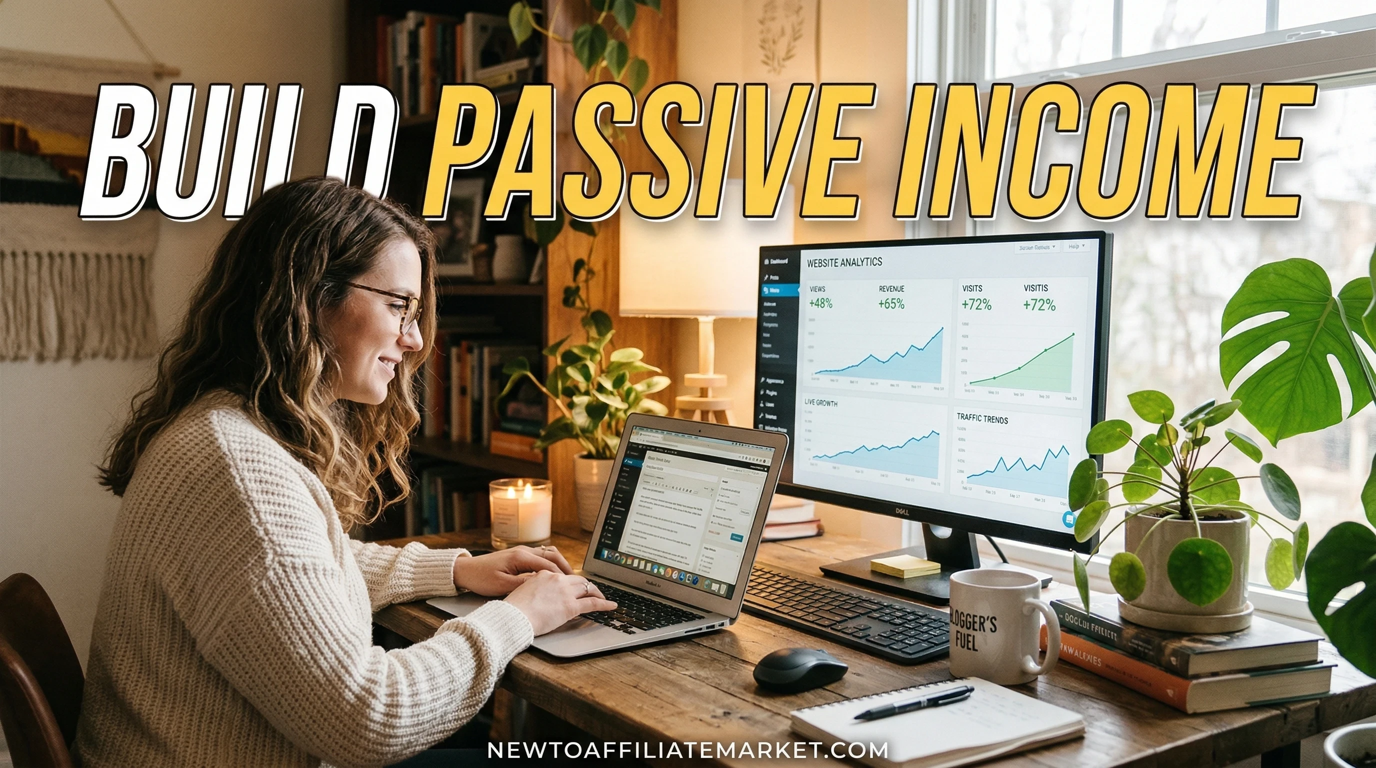 Blogger writing article on laptop with website dashboard