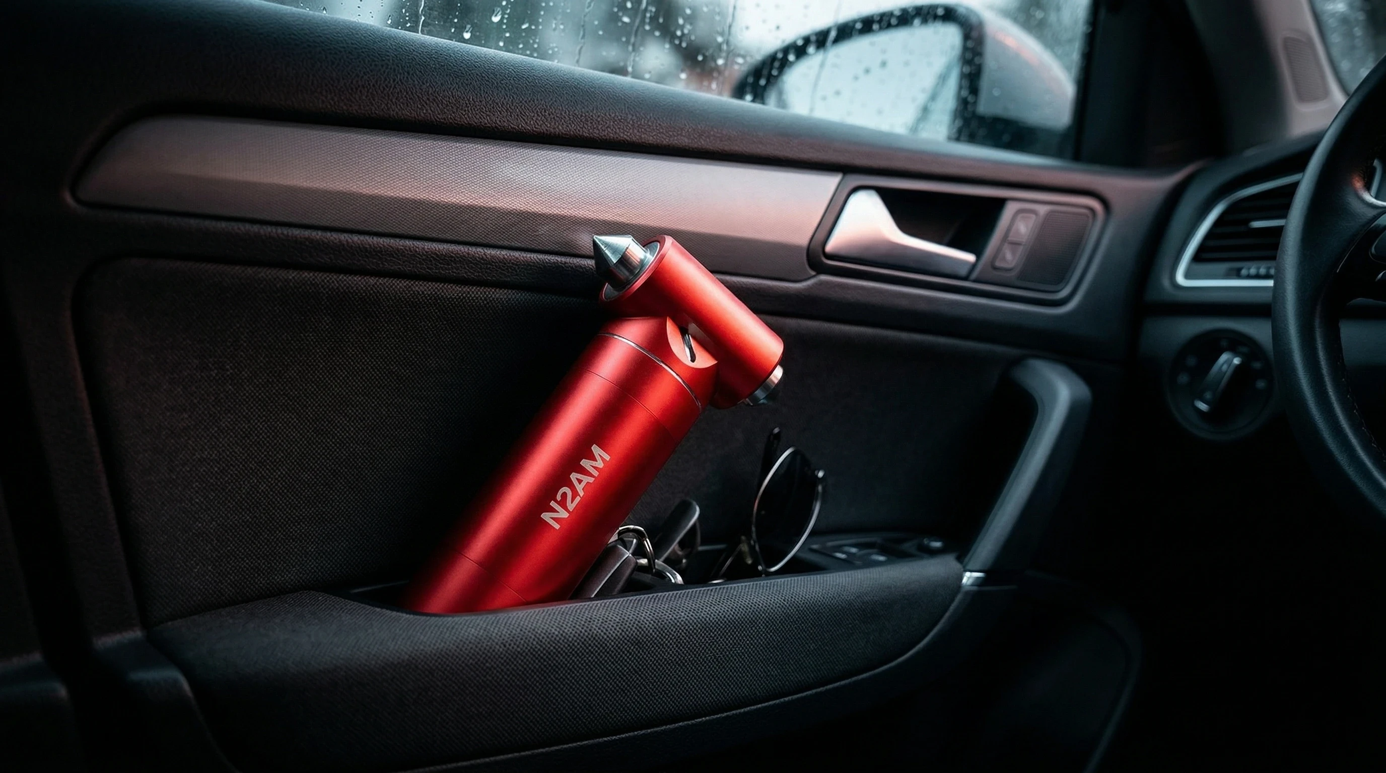2-in-1 car emergency hammer placed inside car door pocket for quick access