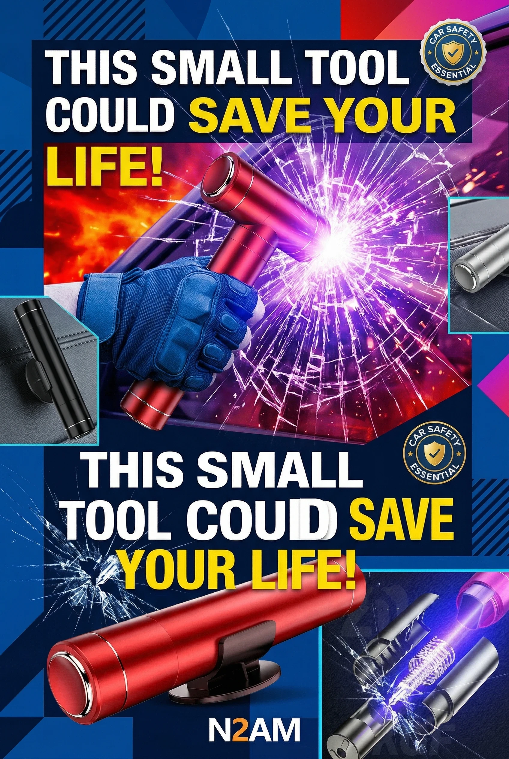 2-in-1 car emergency hammer placed inside car door pocket for quick access