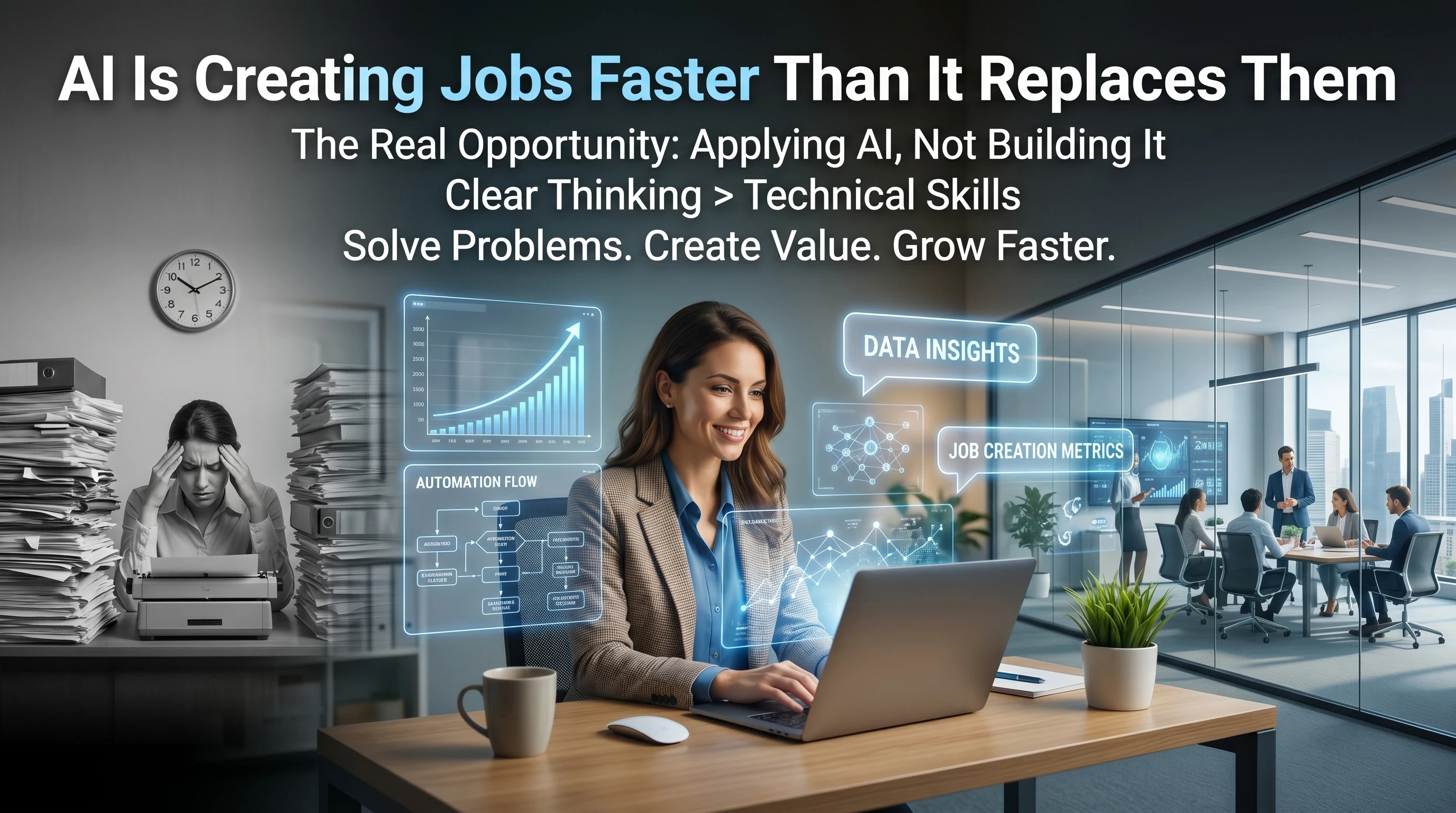 A professional using AI tools on a laptop with futuristic interface elements, representing new job opportunities created by artificial intelligence.