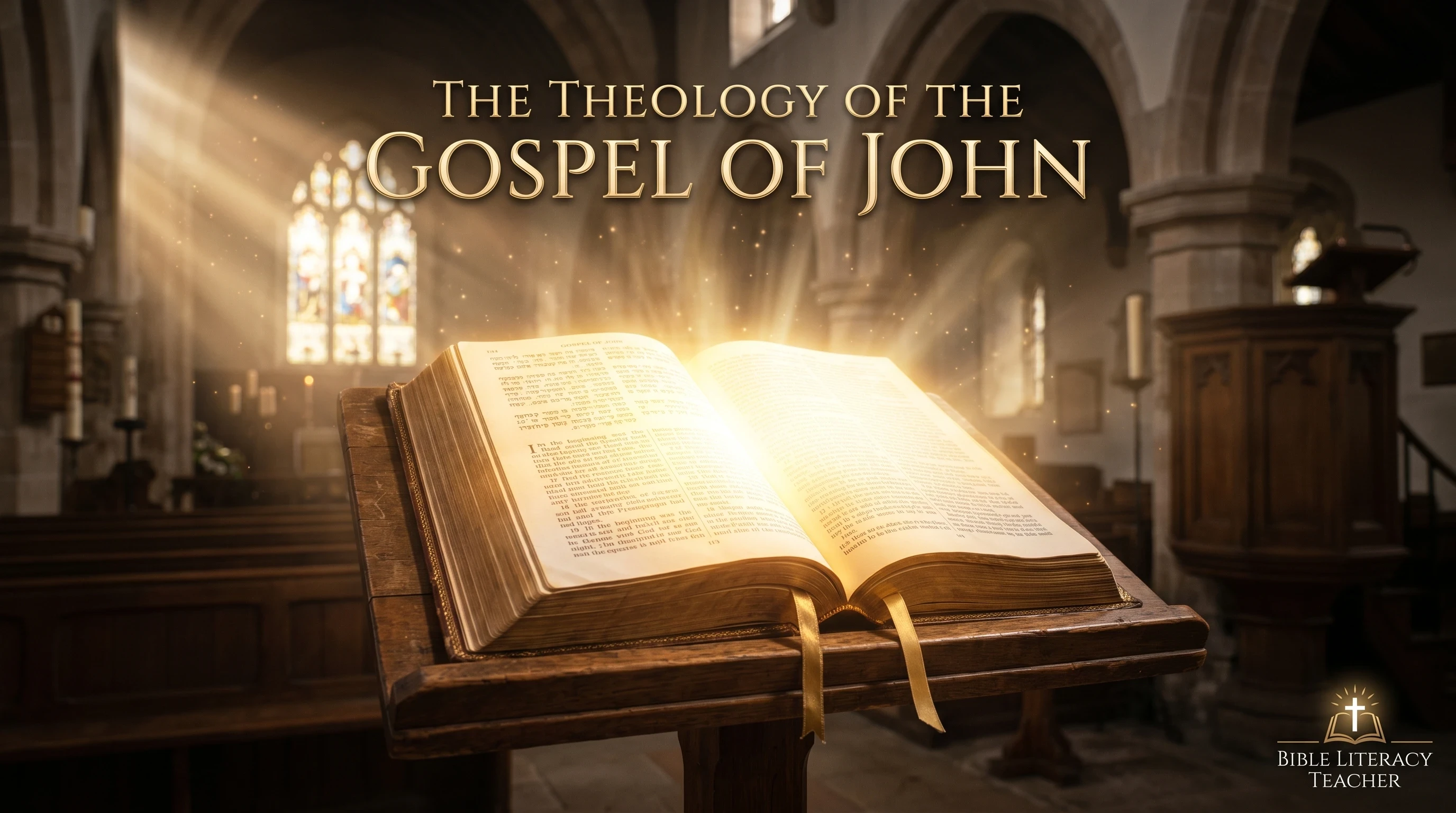 Open Bible glowing with light representing the theology of the Gospel of John