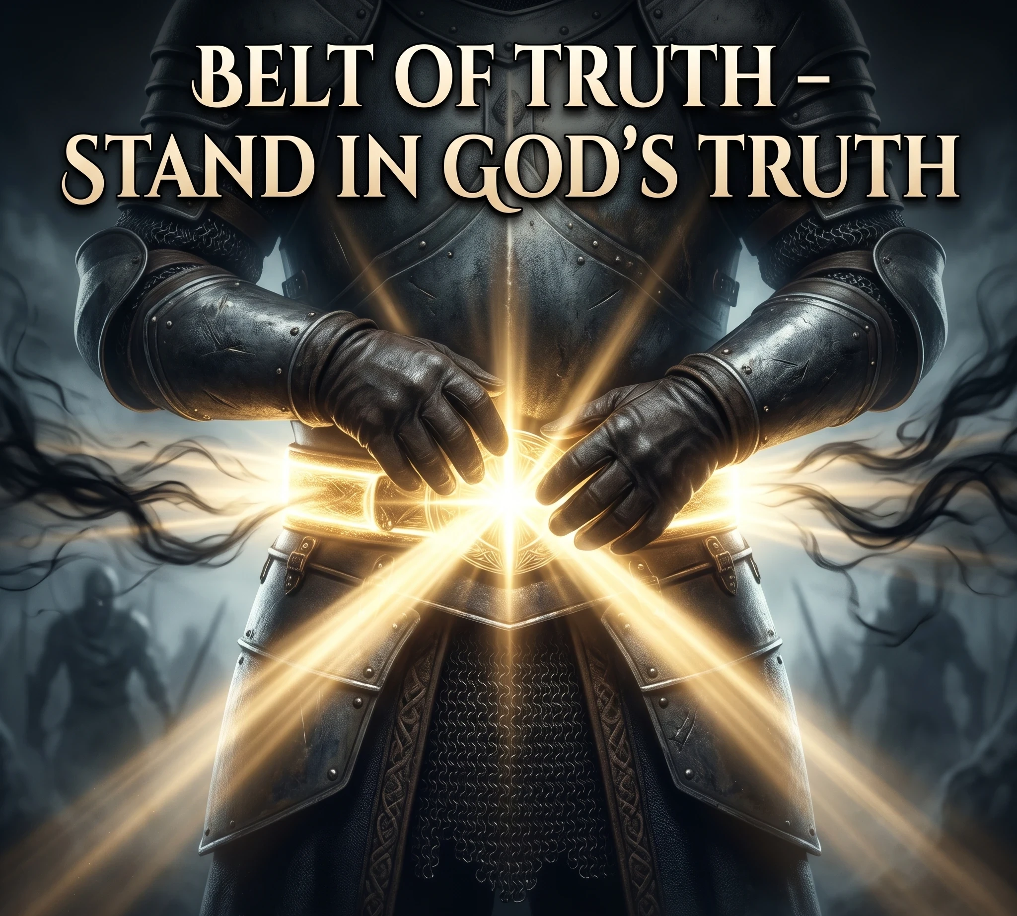 A cinematic digital illustration of a strong spiritual warrior standing in a dimly lit battlefield. Focus on the waist area where a radiant, glowing belt made of golden light wraps tightly around the armor. The belt emits beams of pure light that push away surrounding darkness and shadowy whispers representing lies. The warrior stands firm and confident. The background is blurred with subtle spiritual fog and faint silhouettes fading away. Lighting is dramatic, with high contrast between darkness and golden truth light. Ultra-realistic, 4K, sharp focus, detailed textures.