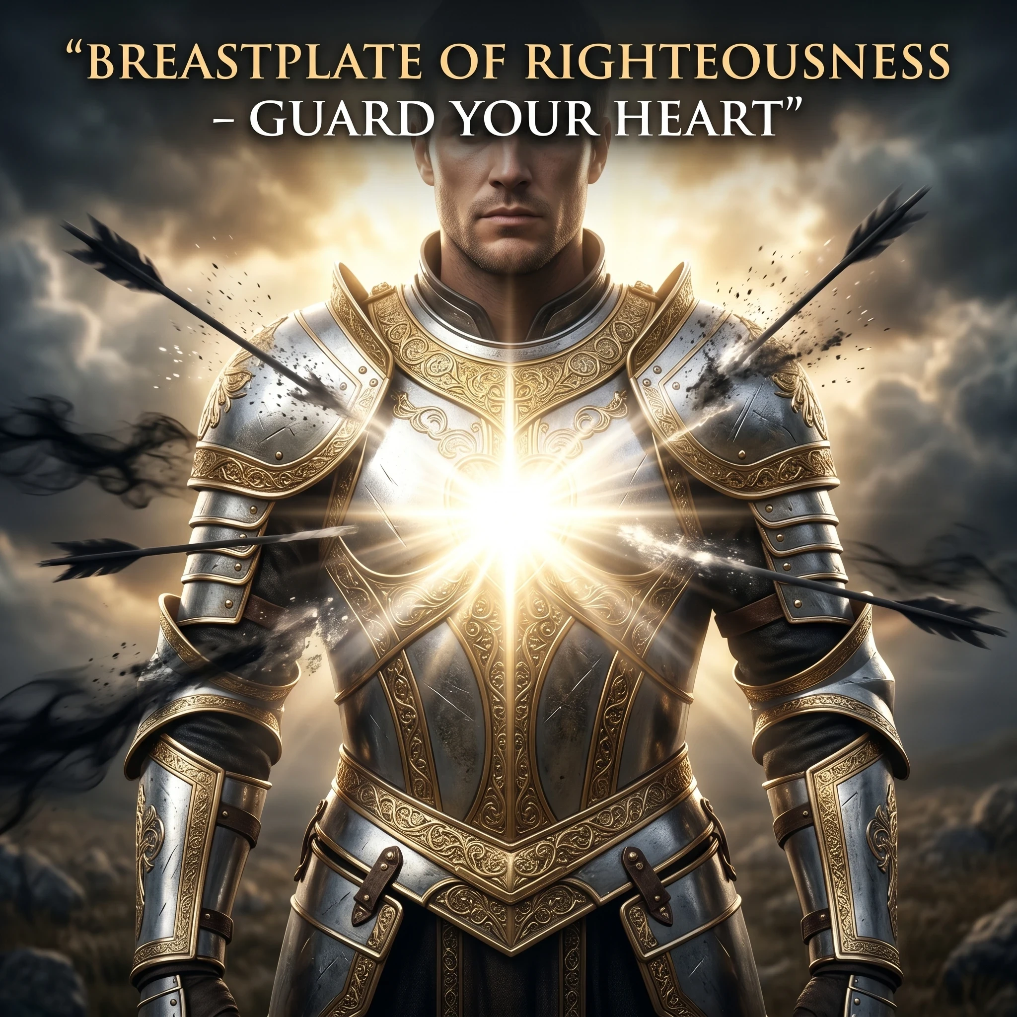 A powerful front-facing warrior wearing a shining breastplate made of polished silver and gold, glowing from the heart area with pure white light. The chest armor reflects holiness and purity, with light radiating outward like a shield of integrity. Dark arrows and shadows attempt to approach but dissolve before touching the armor. The warrior’s posture is upright and confident. Background features a soft heavenly glow breaking through storm clouds. Highly detailed armor textures, cinematic lighting, ultra-realistic 4K resolution. Text Overlay: “BREASTPLATE OF RIGHTEOUSNESS – GUARD YOUR HEART”
