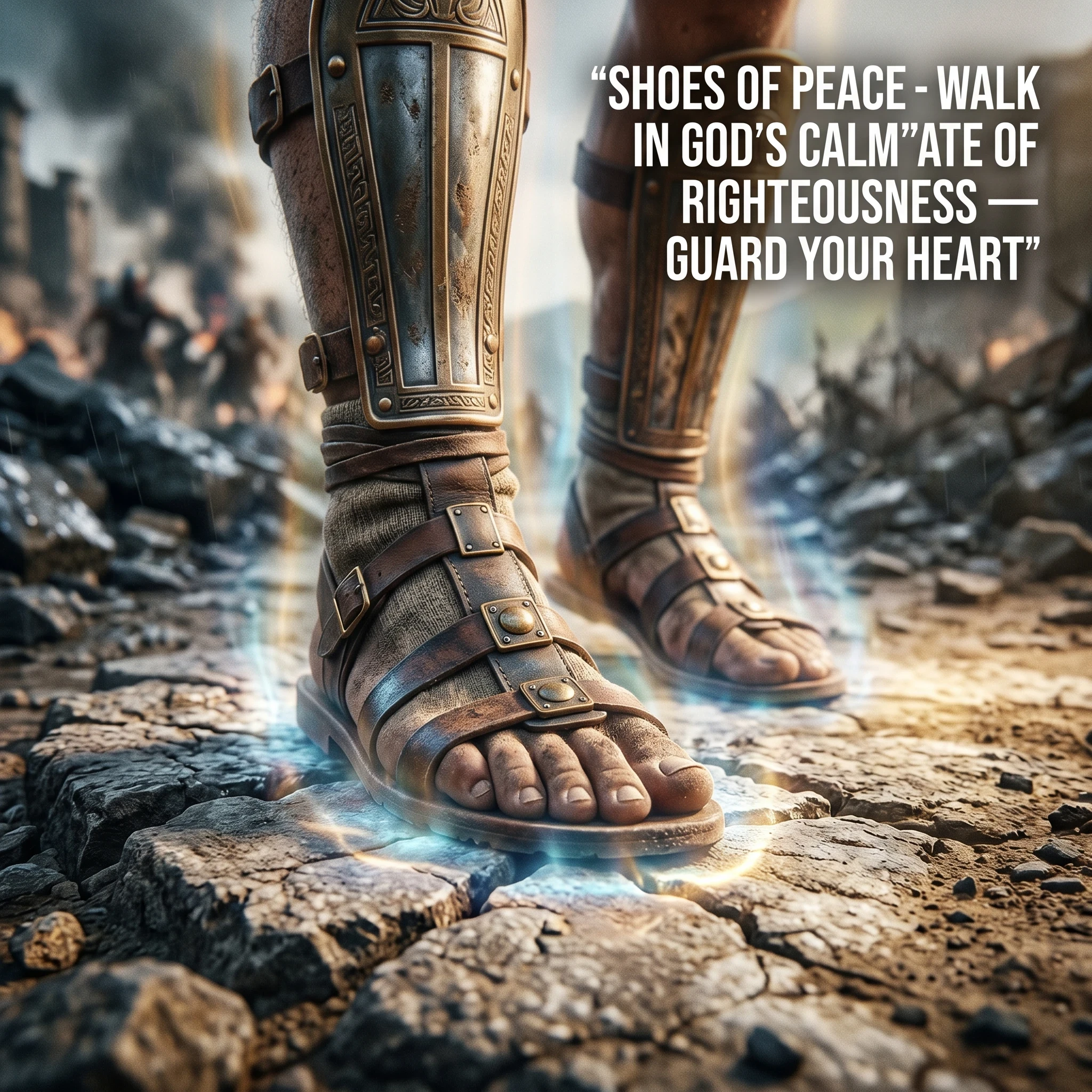 A close-up cinematic shot of strong armored feet wearing ancient Roman-style sandals glowing with soft blue and golden light. The warrior is stepping firmly on rough, cracked ground, symbolizing life’s challenges, yet surrounded by a calm aura of peace. Wherever the foot steps, light spreads and calms the ground. Background shows chaos fading into calmness. Subtle motion blur to show movement forward with confidence. Peaceful atmosphere mixed with strength. Ultra-detailed textures, 4K resolution. Text Overlay: “SHOES OF PEACE – WALK IN GOD’S CALM”