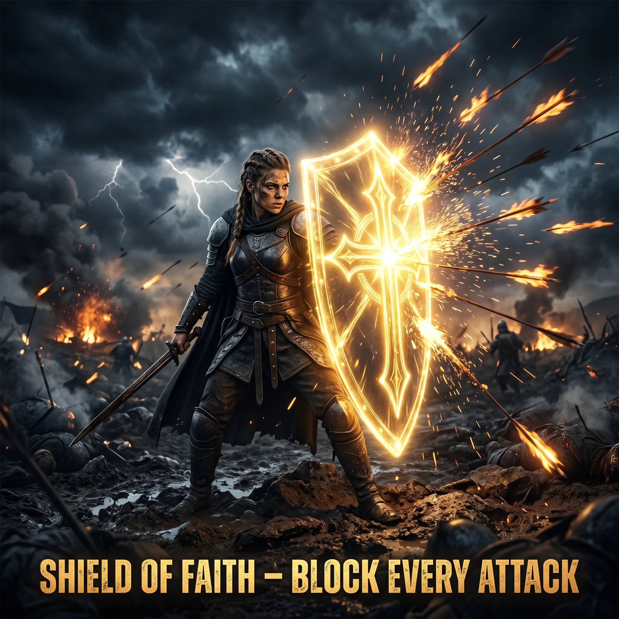 A dramatic battlefield scene where a warrior holds a massive glowing shield made of radiant light. Fiery arrows are flying through the dark sky and striking the shield, instantly dissolving into sparks upon impact. The shield shines with golden energy, symbolizing unshakable faith. The warrior stands behind it, protected and fearless. Background is dark and stormy with intense contrast between fire and divine light. Highly cinematic, action-focused composition, ultra-realistic 4K detail. Text Overlay: “SHIELD OF FAITH – BLOCK EVERY ATTACK”