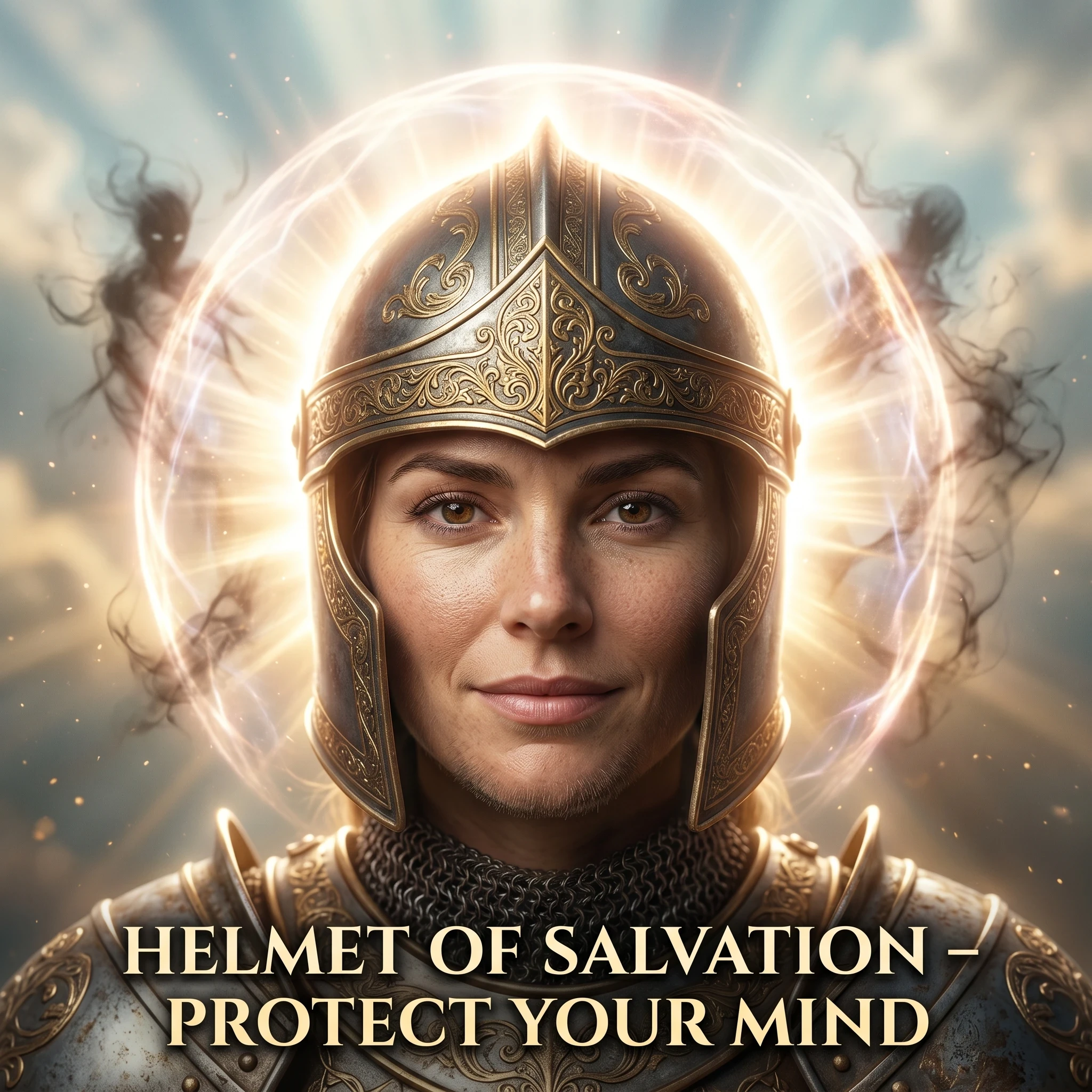A close-up portrait of a warrior wearing a radiant helmet glowing with white and gold light. The light surrounds the head like a protective aura, symbolizing peace of mind and divine assurance. Dark thoughts appear as faint shadowy figures around the head but cannot penetrate the glowing helmet. The warrior’s expression is calm, confident, and secure. Background softly blurred with heavenly light rays. Ultra-detailed facial expression, cinematic lighting, 4K resolution. Text Overlay: “HELMET OF SALVATION – PROTECT YOUR MIND”