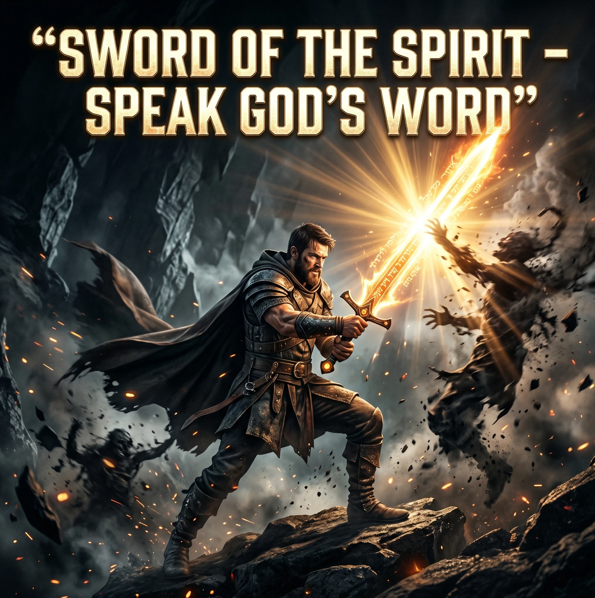 A powerful scene of a warrior holding a glowing sword made entirely of divine light, with faint scripture-like patterns flowing through the blade. The sword shines brightly, cutting through darkness and shadowy figures. Light bursts outward as the sword is raised. The warrior stands boldly, ready for action. Background features a mix of darkness being split by radiant beams. Dynamic angle, high energy, cinematic atmosphere, ultra-realistic 4K detail. Text Overlay: “SWORD OF THE SPIRIT – SPEAK GOD’S WORD”
