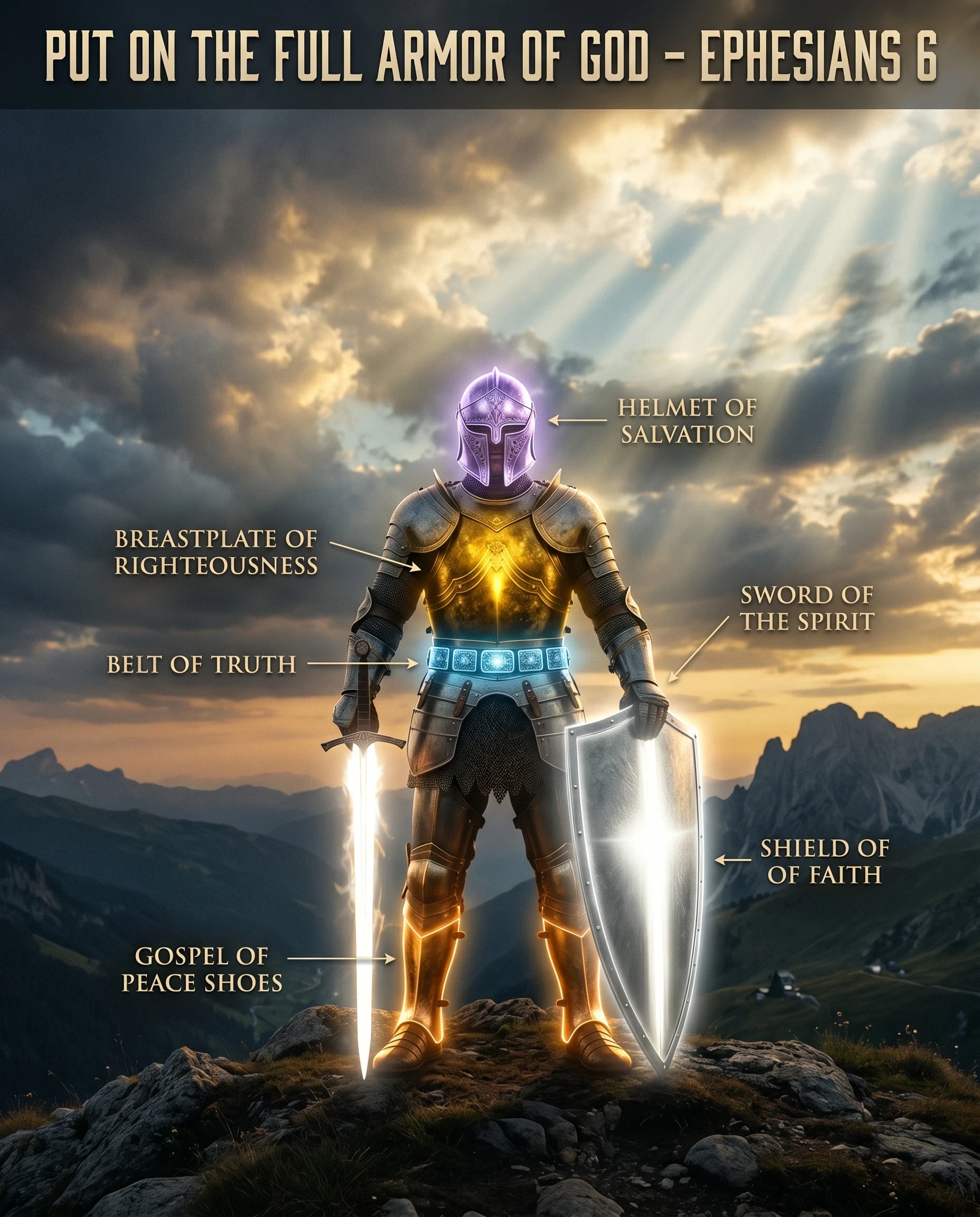 A full-body cinematic shot of a spiritual warrior standing on a hilltop, fully dressed in the complete Armor of God. Each piece (belt, breastplate, shield, helmet, sword, shoes) glows with divine light in different tones. The warrior stands victorious as darkness fades around them. Light rays shine from heaven above, creating a powerful and inspiring scene. Add subtle labels or glowing highlights pointing to each piece of armor. Background shows a dramatic sky transitioning from storm to light. Ultra-detailed, epic composition, 4K cinematic quality. Text Overlay: “PUT ON THE FULL ARMOR OF GOD – EPHESIANS 6”