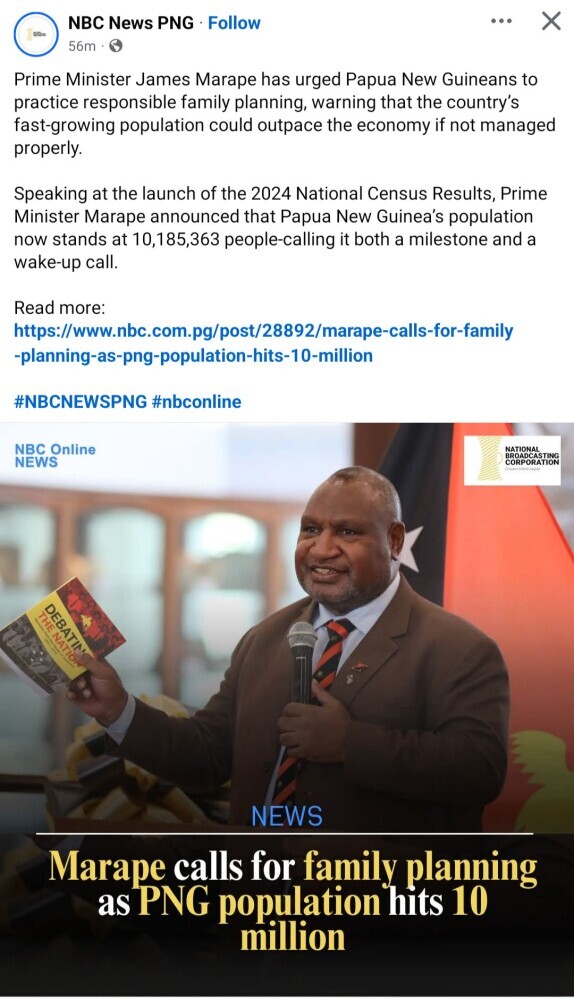 Image of Papua New Guinea Prime Minister James Marape Advocating for Family Planning as PNG's Population Hits 10 Million.