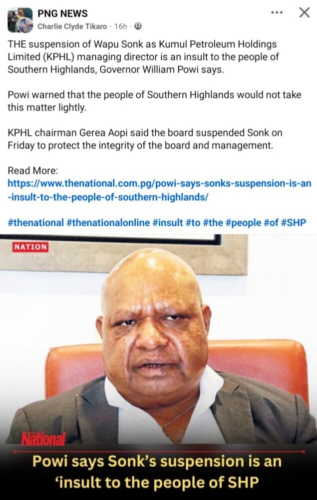 Powi says Wapu Sonk's suspension is an insult to the people of southern highlands province.