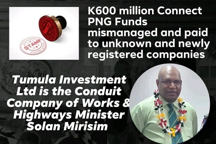 Screenshot of the news of the missmanagement of 600 million kina connect png funds by an unknow and a newly registered company.
