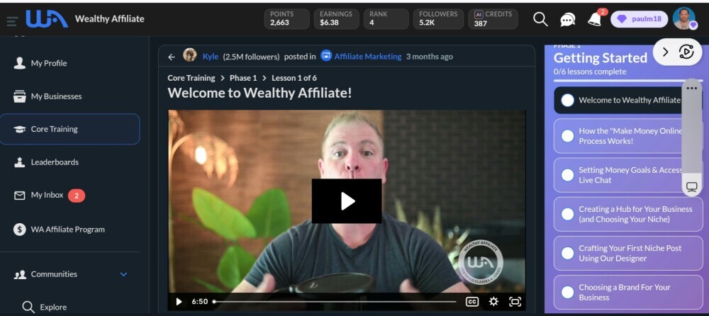 Screenshot of wealthy affiliate core training module page