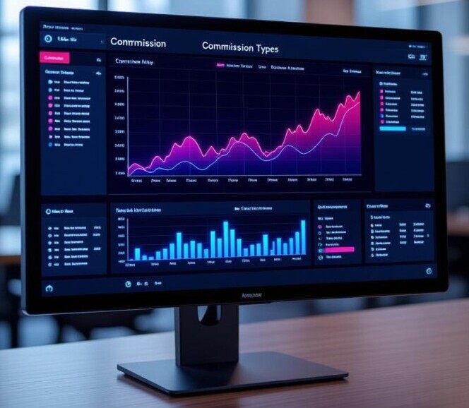 Chart showing different commission types and examples. Affiliate commission types for beginners: pay-per-sale, pay-per-lead, recurring. Top Affiliate Programs For Beginners